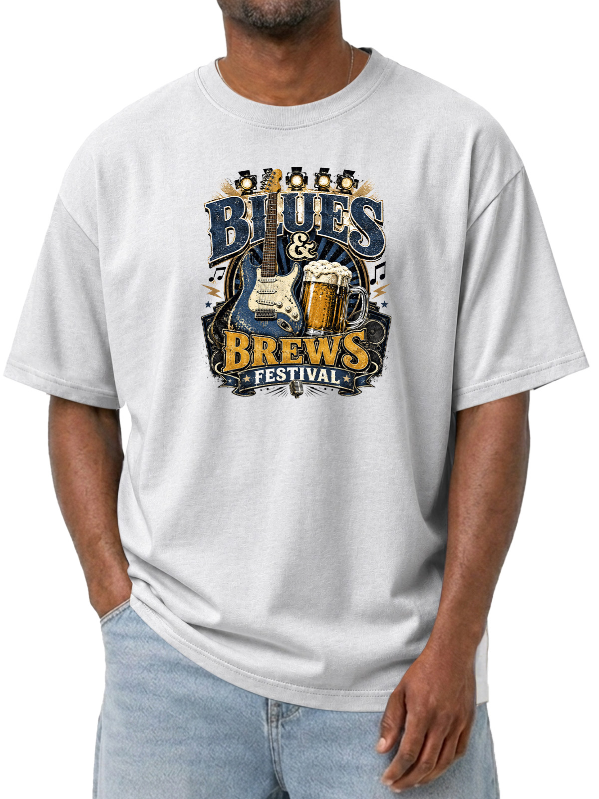 Men’s Blues & Brews Festival Tee Vintage Music Guitar Graphic Washed T-Shirt
