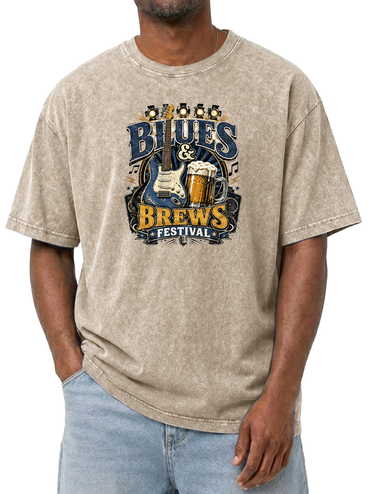 Men’s Blues & Brews Festival Tee Vintage Music Guitar Graphic Washed T-Shirt