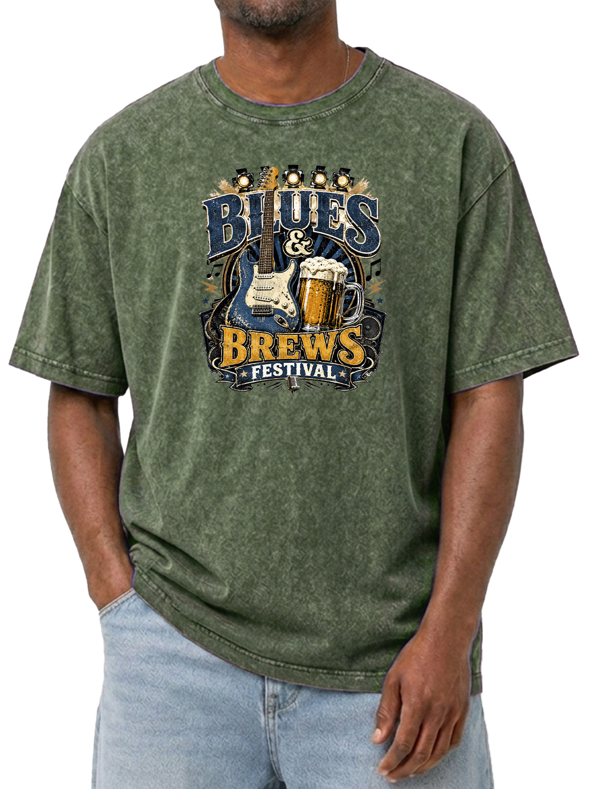 Men’s Blues & Brews Festival Tee Vintage Music Guitar Graphic Washed T-Shirt