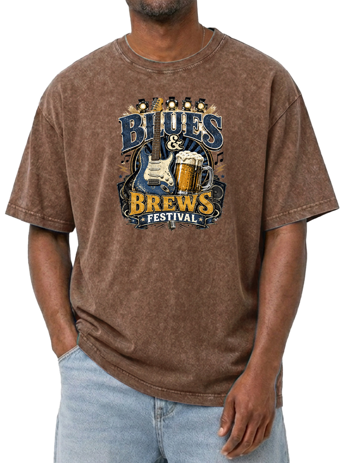 Men’s Blues & Brews Festival Tee Vintage Music Guitar Graphic Washed T-Shirt