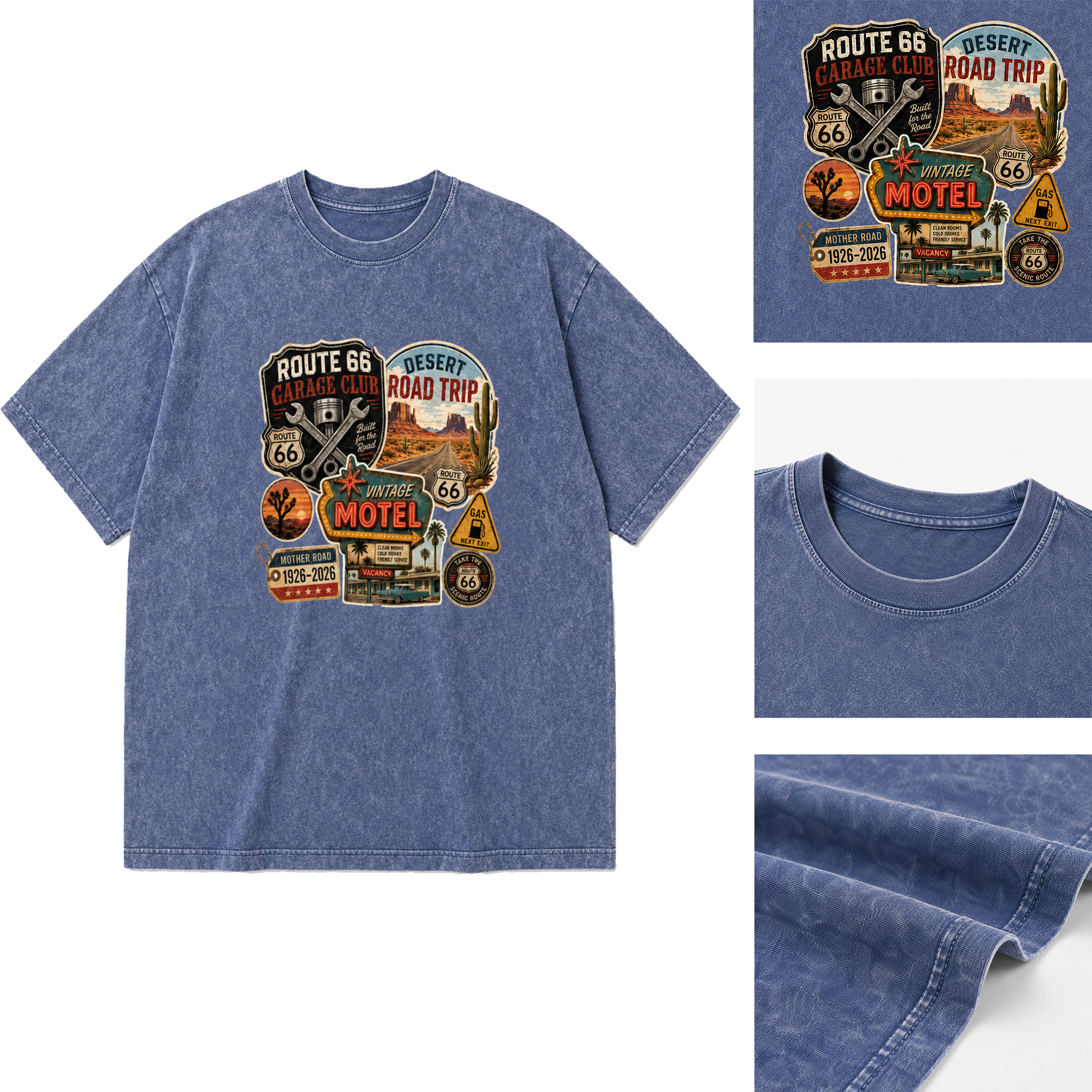 Men’s Vintage Washed Oversized T-Shirt with Route 66 Garage Club Road Trip Graphic