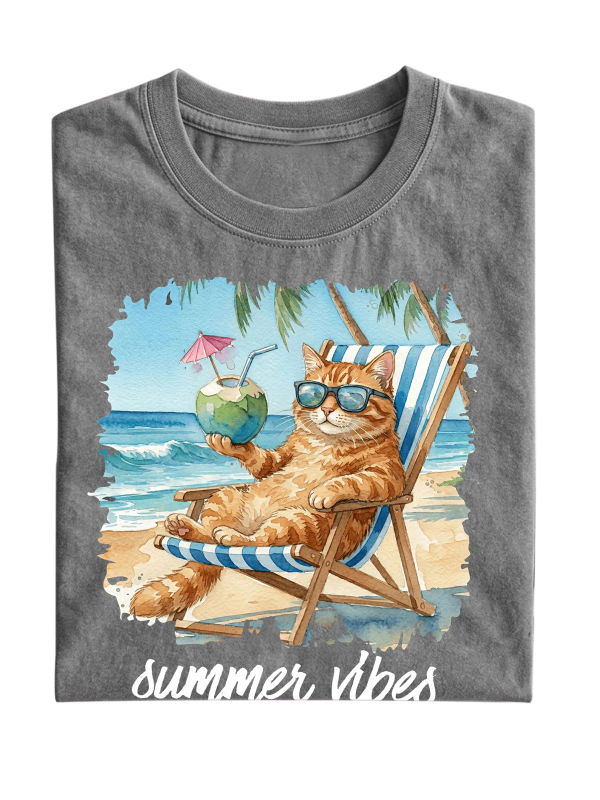 Fun Cat Vacation Summer Vibes Cotton Short Sleeve T-Shirt