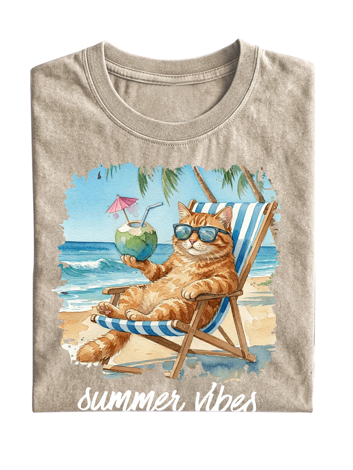 Fun Cat Vacation Summer Vibes Cotton Short Sleeve T-Shirt