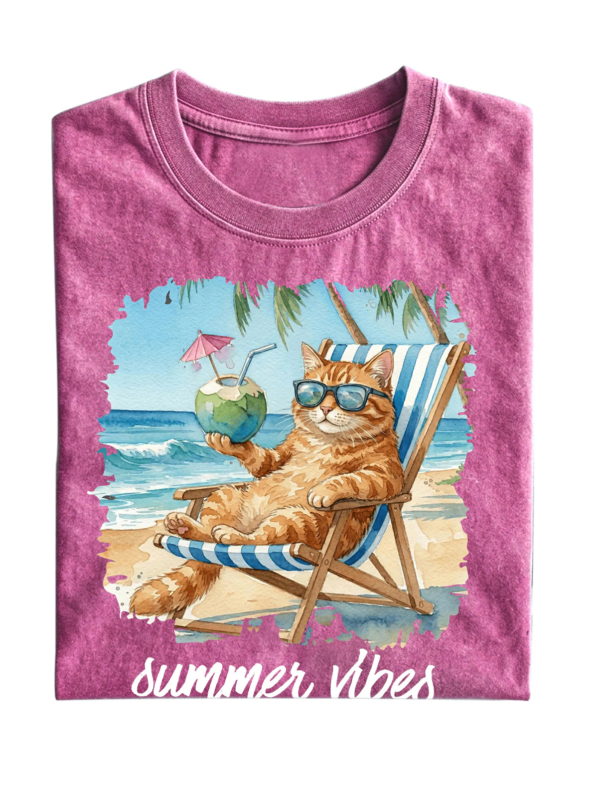 Fun Cat Vacation Summer Vibes Cotton Short Sleeve T-Shirt