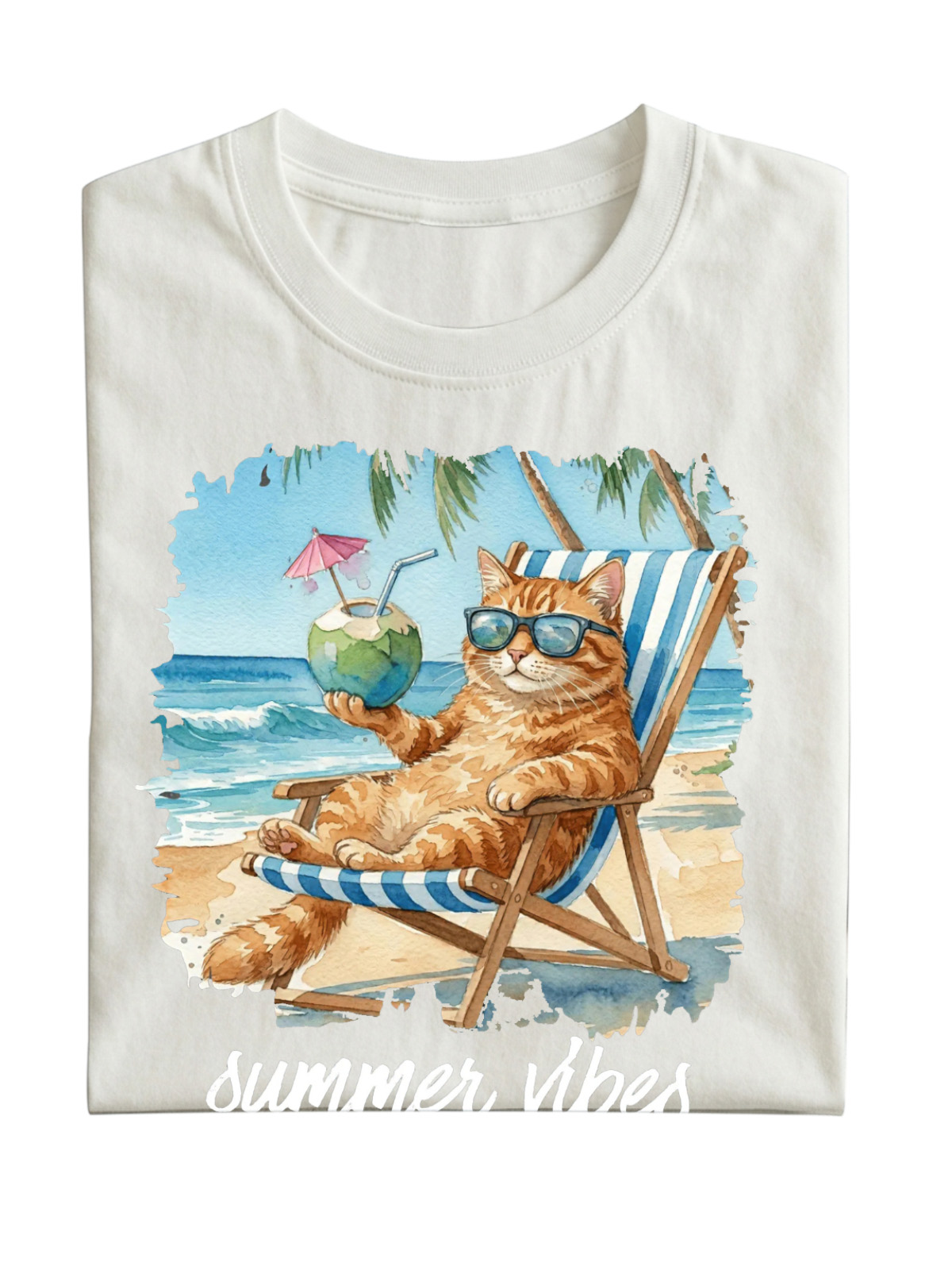 Fun Cat Vacation Summer Vibes Cotton Short Sleeve T-Shirt