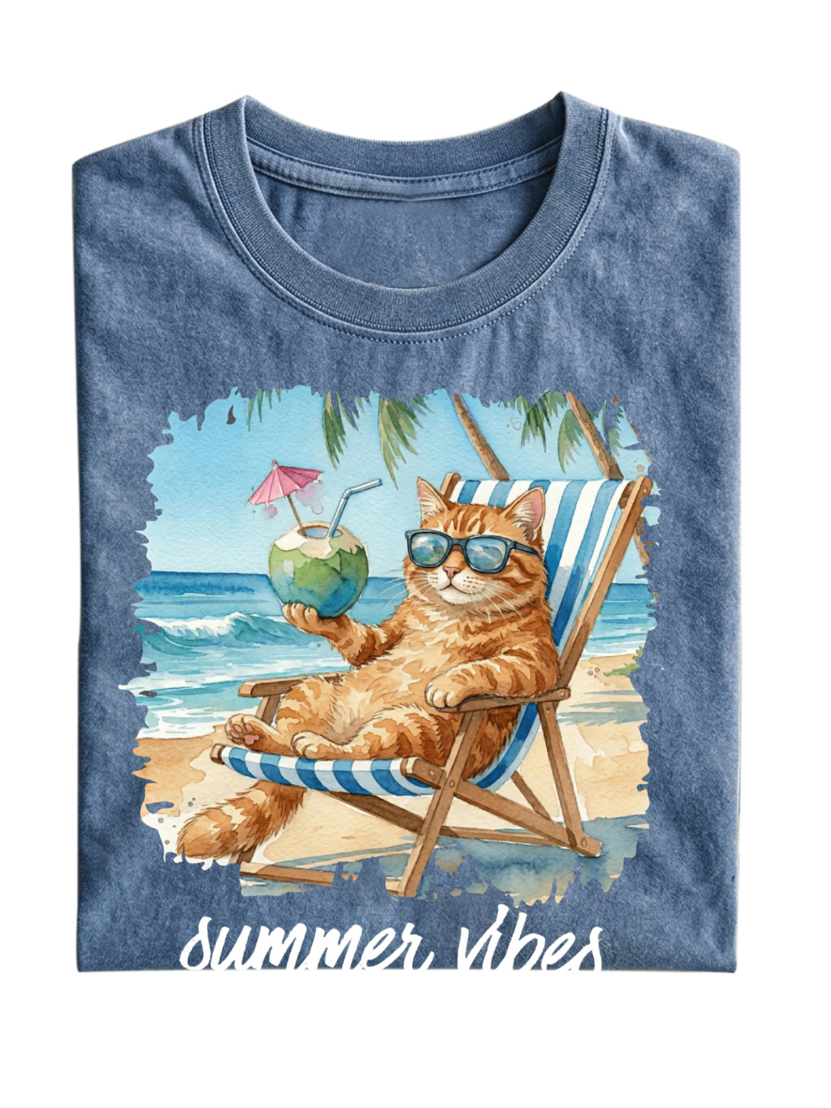 Fun Cat Vacation Summer Vibes Cotton Short Sleeve T-Shirt