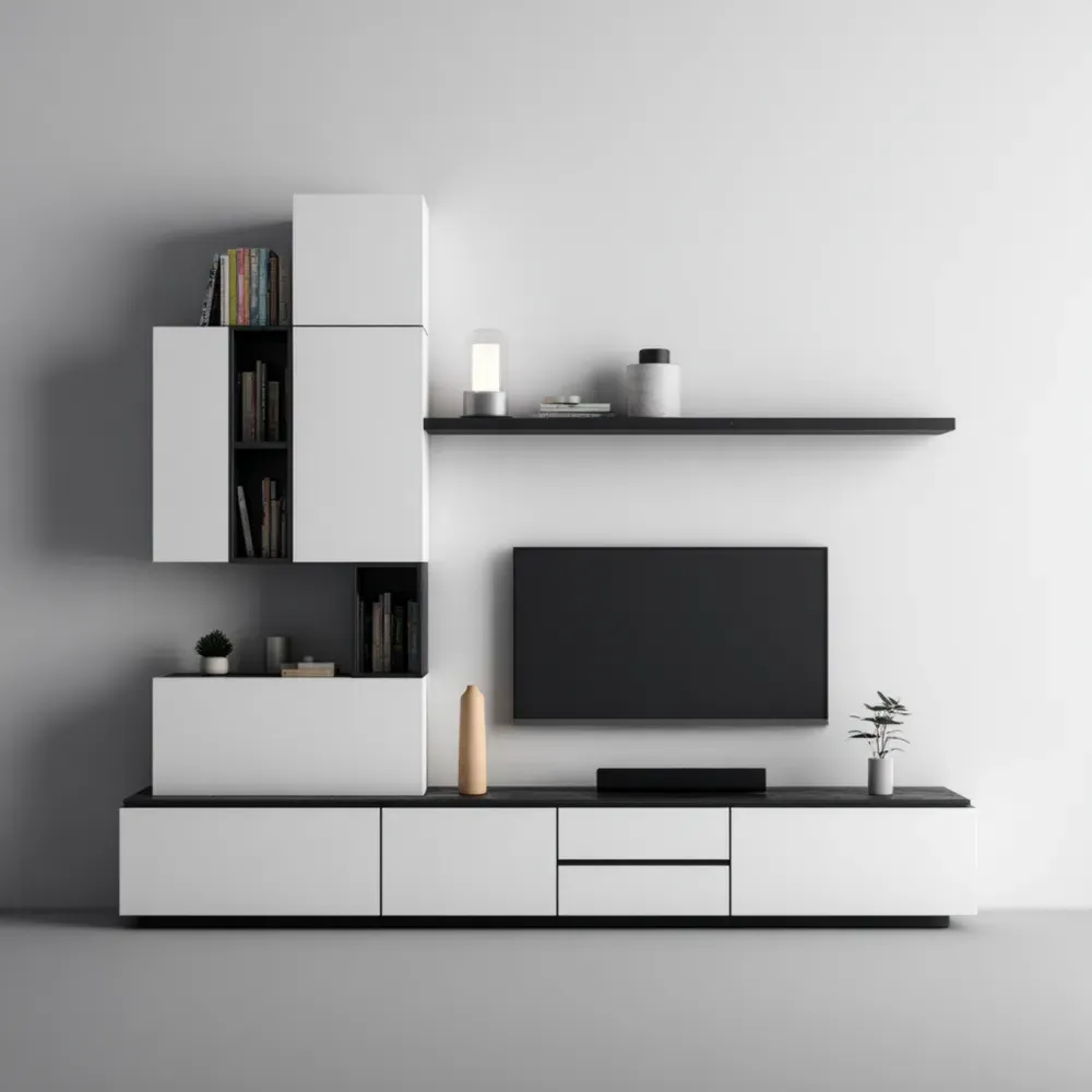 Mueble de TV Moderno 300x180x40 cm Blanco/Negro – Almacenamiento y Diseño Elegante