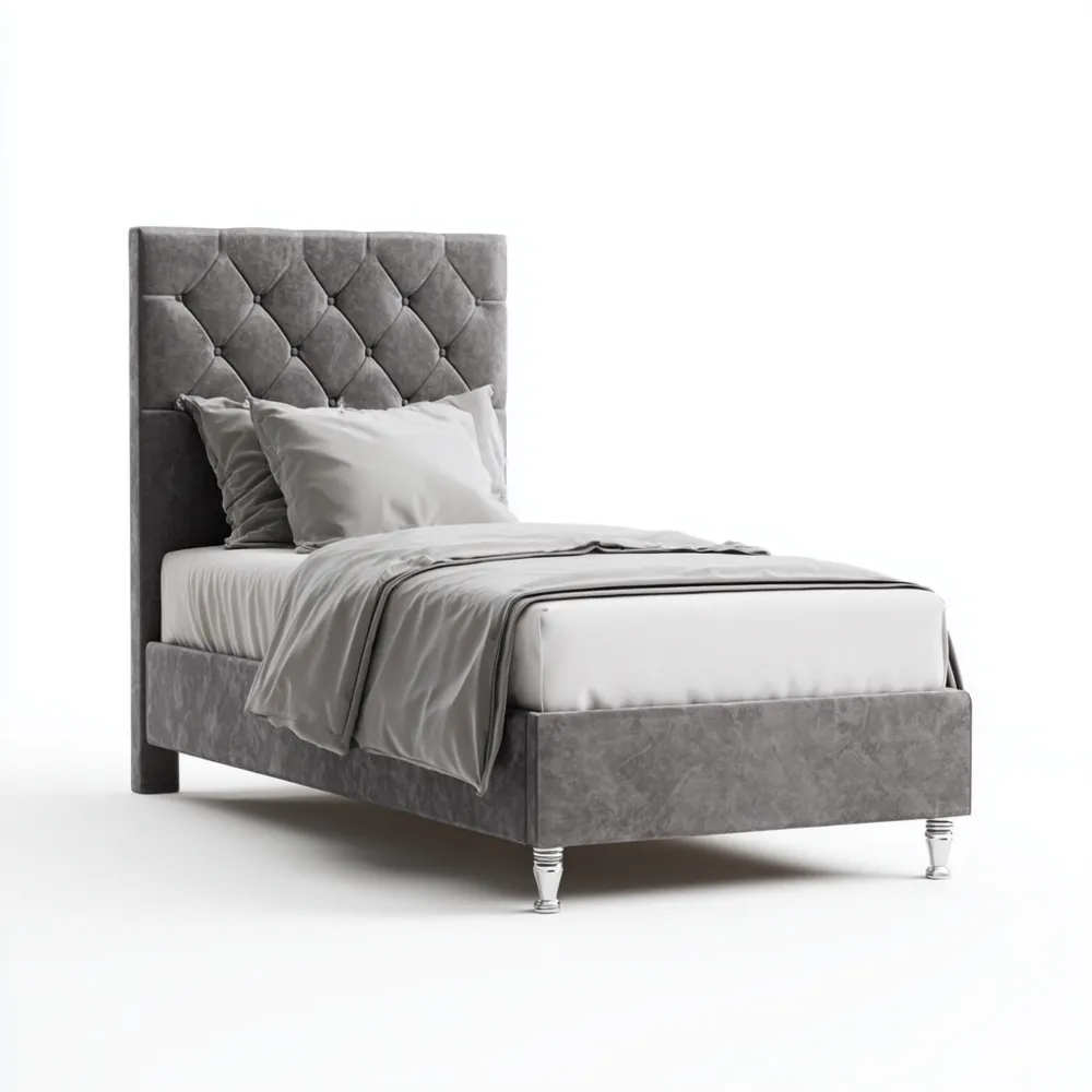 Cama Individual Tapizada Terciopelo 90x200x100 cm - Gris - Diseño Moderno