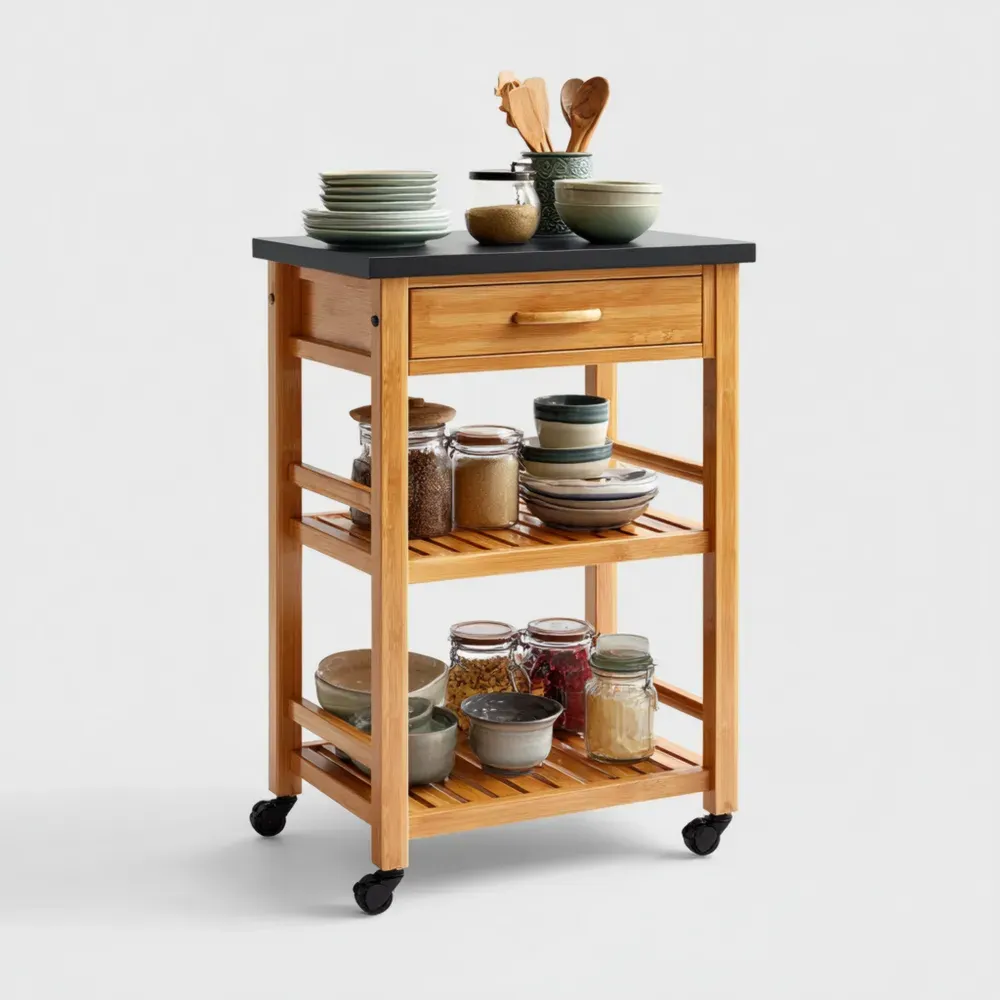 Carro de Cocina de Bambú con Encimera Negra - 60x40x85 cm