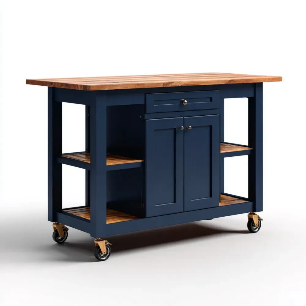 Carro de Cocina con Encimera de Madera - 100x50x90 cm - Azul Marino/Madera Natural