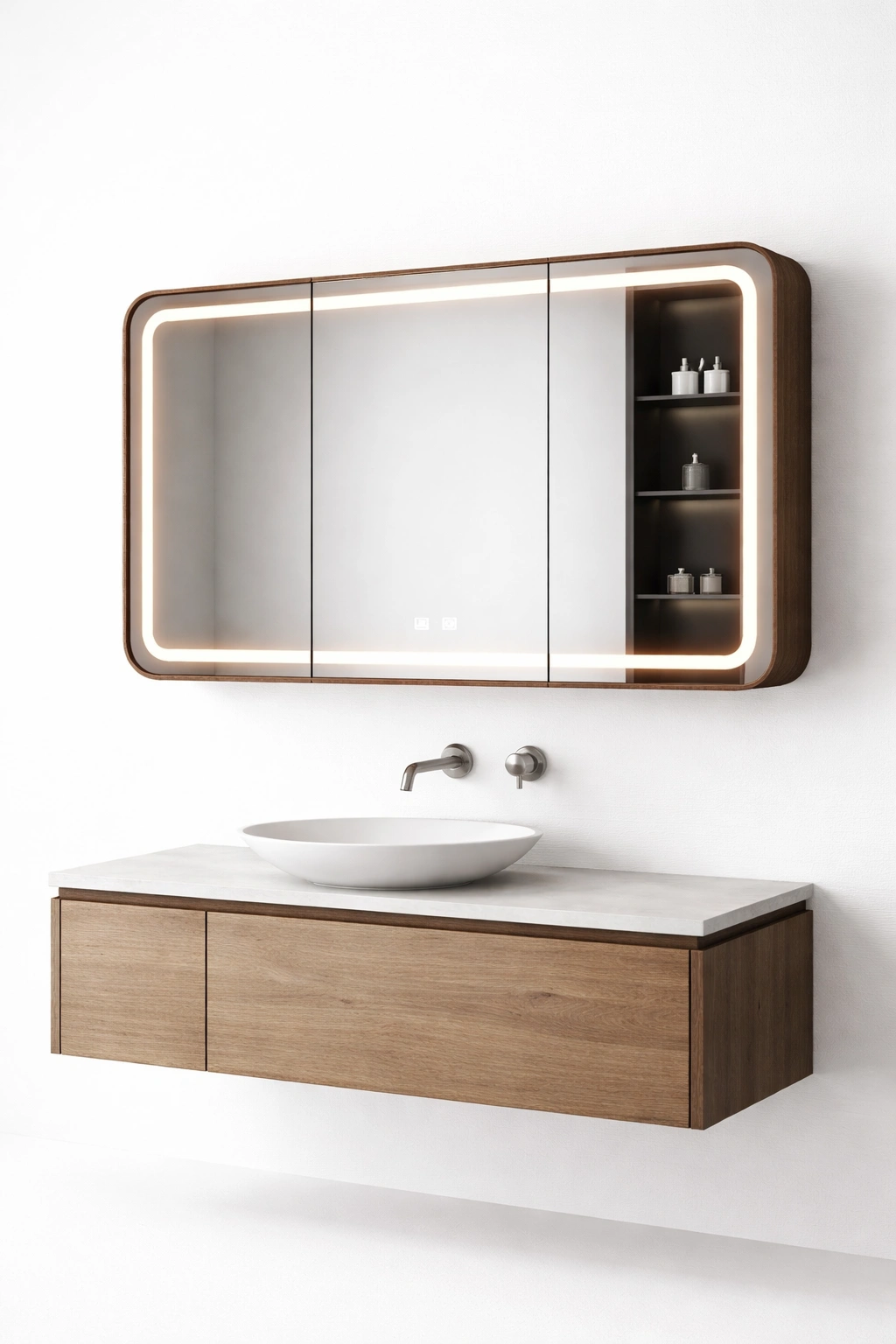 Meuble salle bain suspendu bois avec miroir LED-tivirox