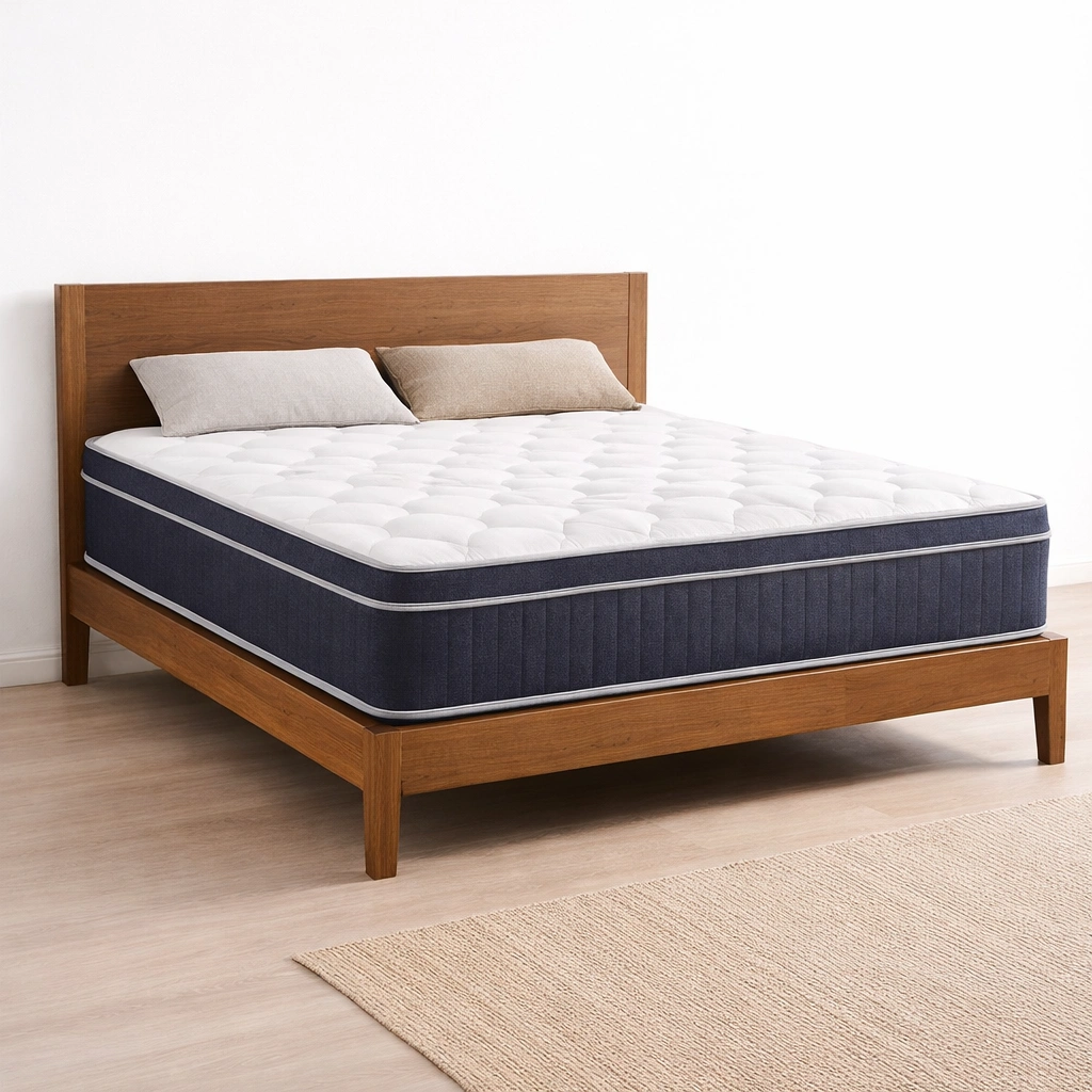 Lit avec matelas tissu et bois naturel-tivirox