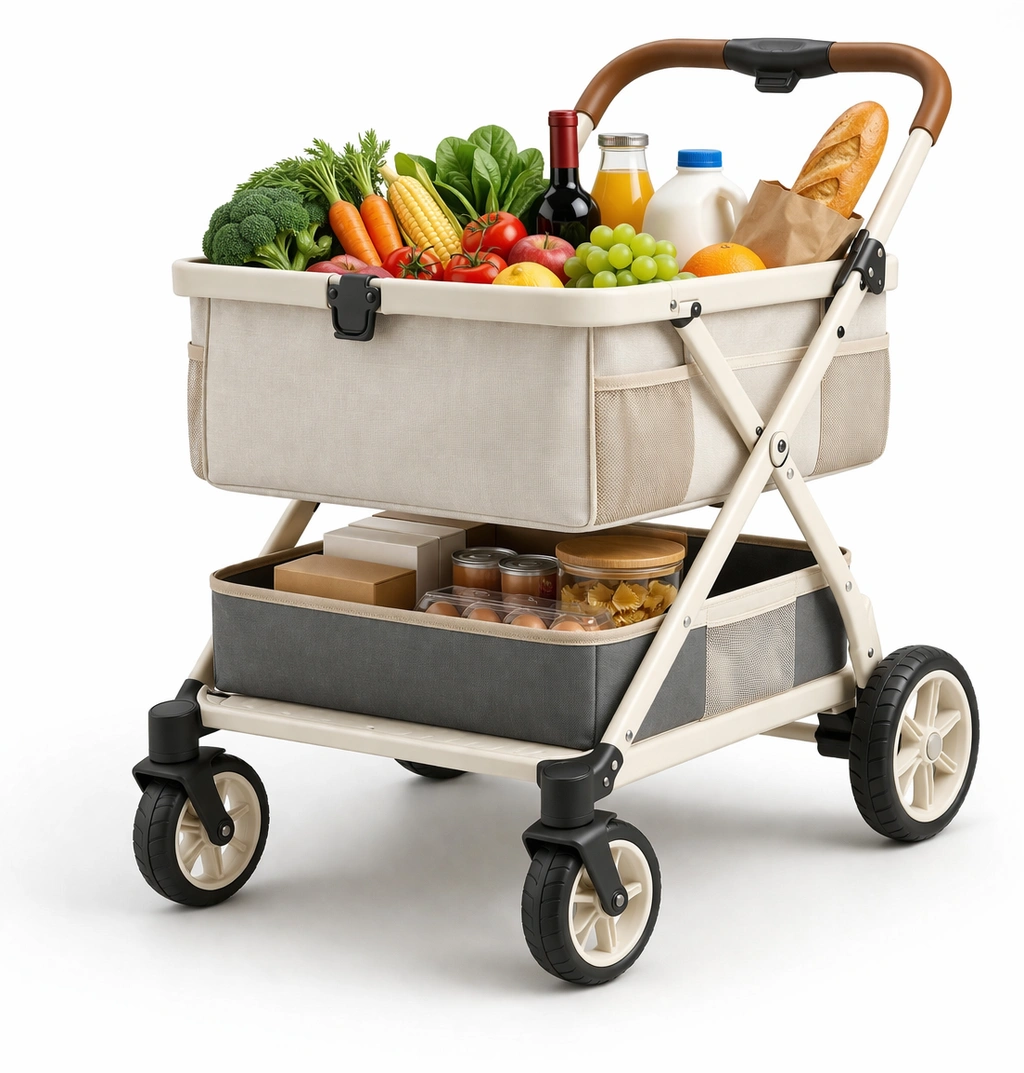 Chariot courses pliable avec rangement double niveau-tivirox