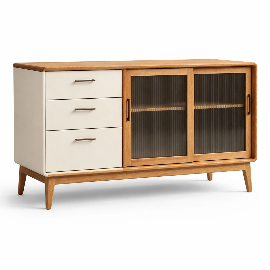 Buffet rangement bois et blanc avec portes coulissantes design moderne-kevlora