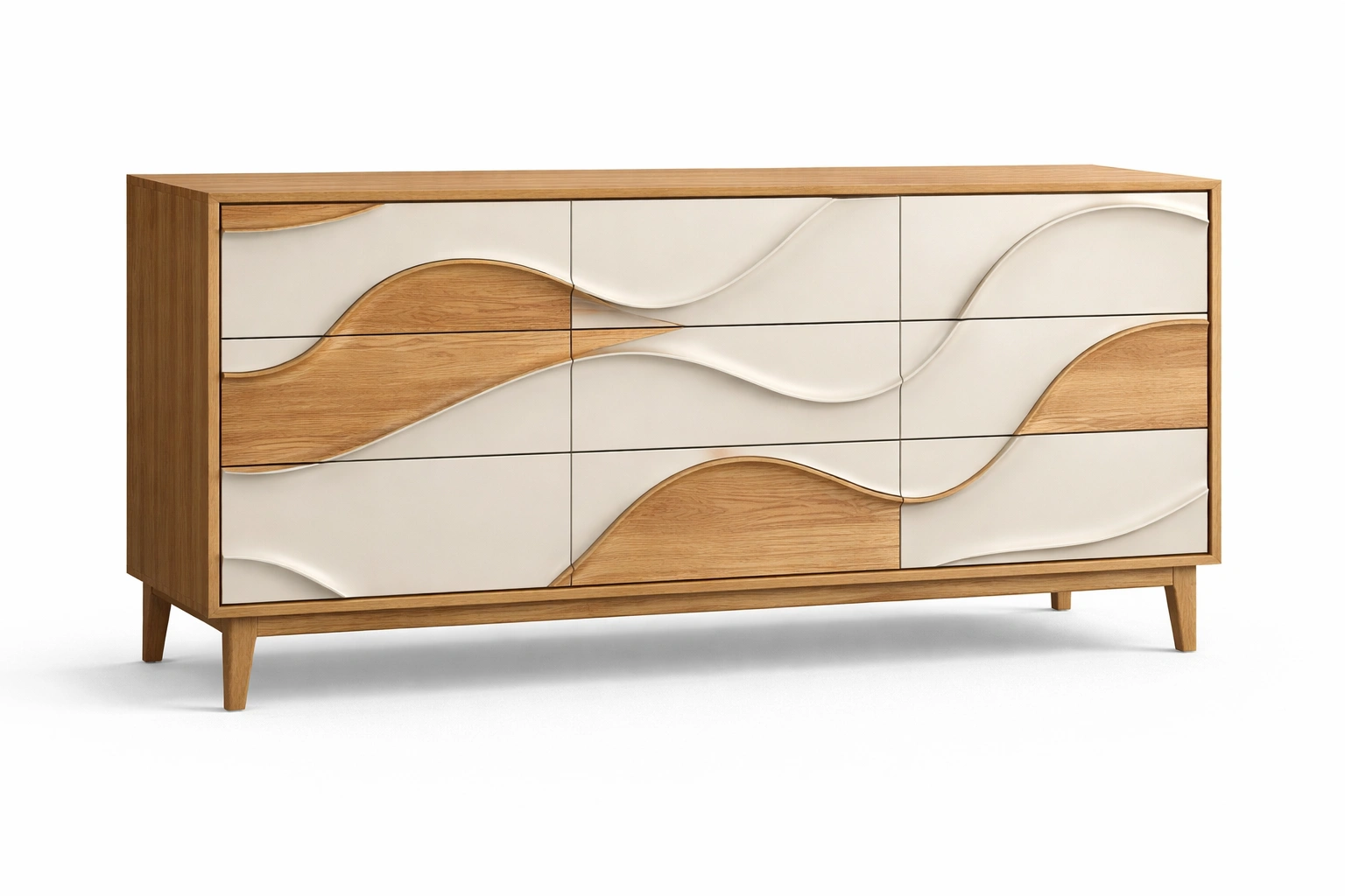 Buffet long motif ondulation bois et blanc design contemporain-kevlora