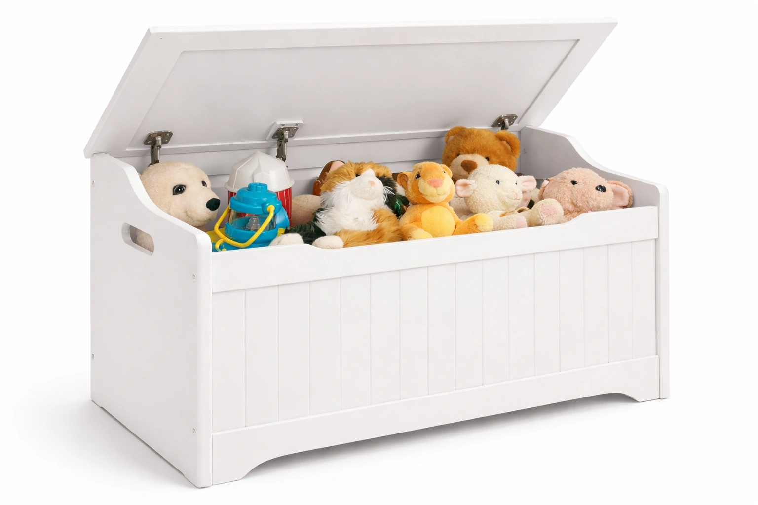 Coffre rangement bois blanc avec couvercle securise enfant-kevlora