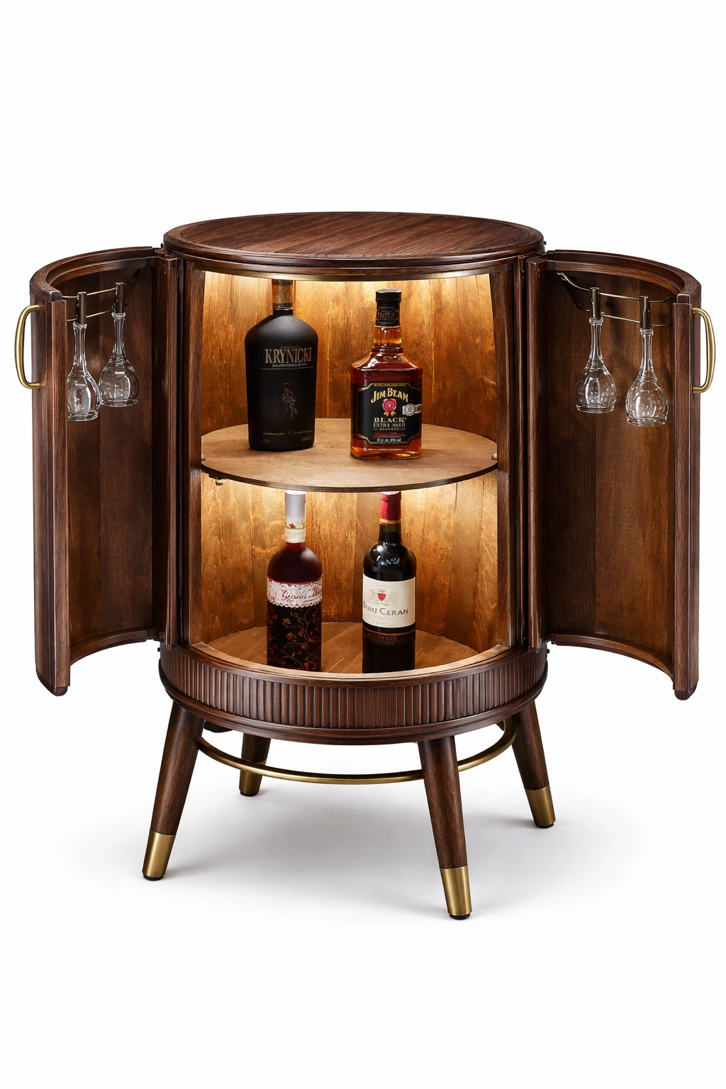 Meuble bar rond bois avec portes et rangement bouteilles-kevlora