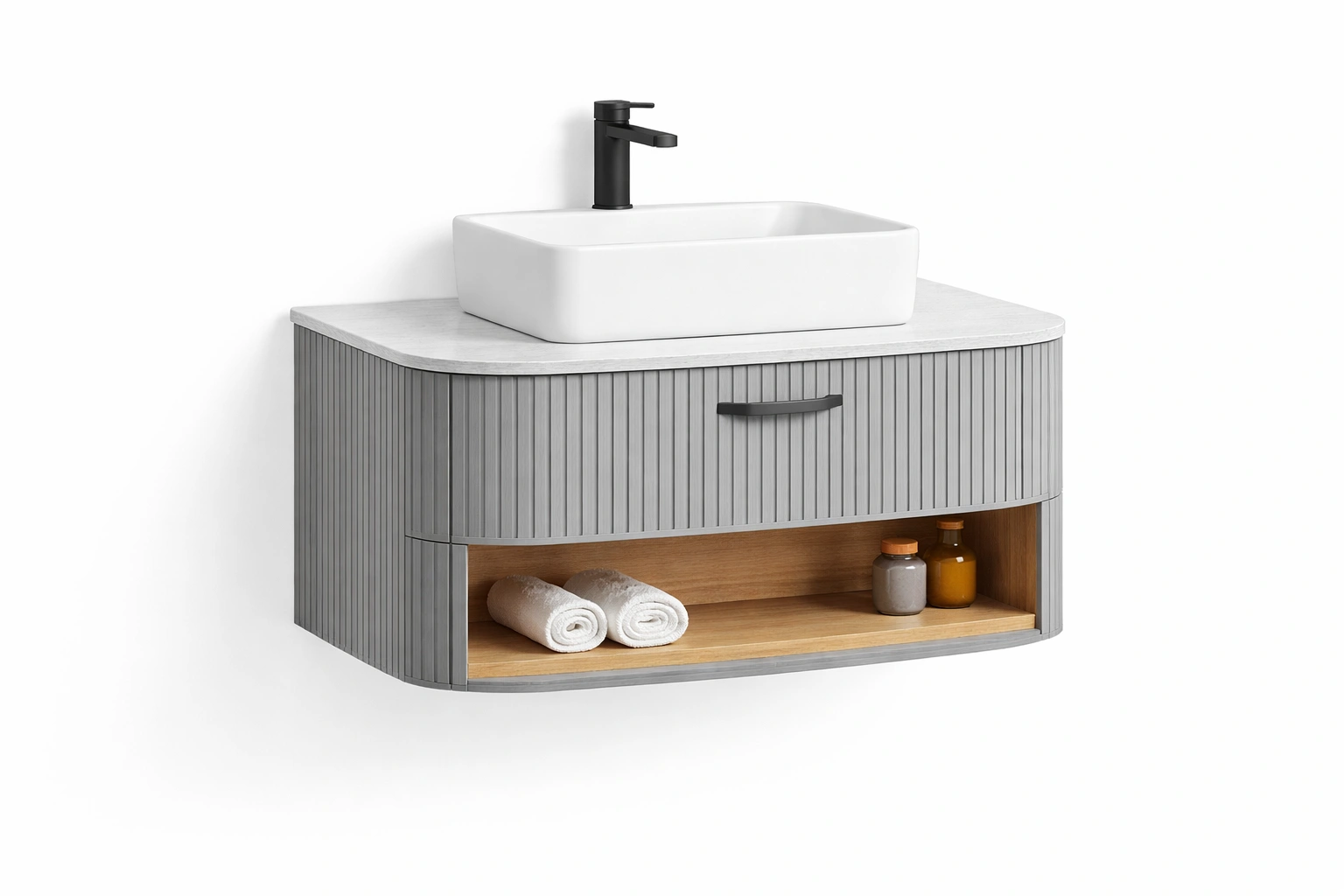 Meuble salle de bain avec lavabo et rangement ouvert-kevlora