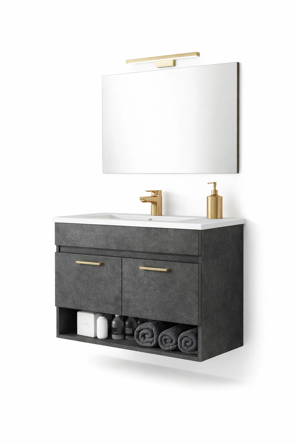 Meuble salle de bain suspendu avec miroir et rangement-kevlora