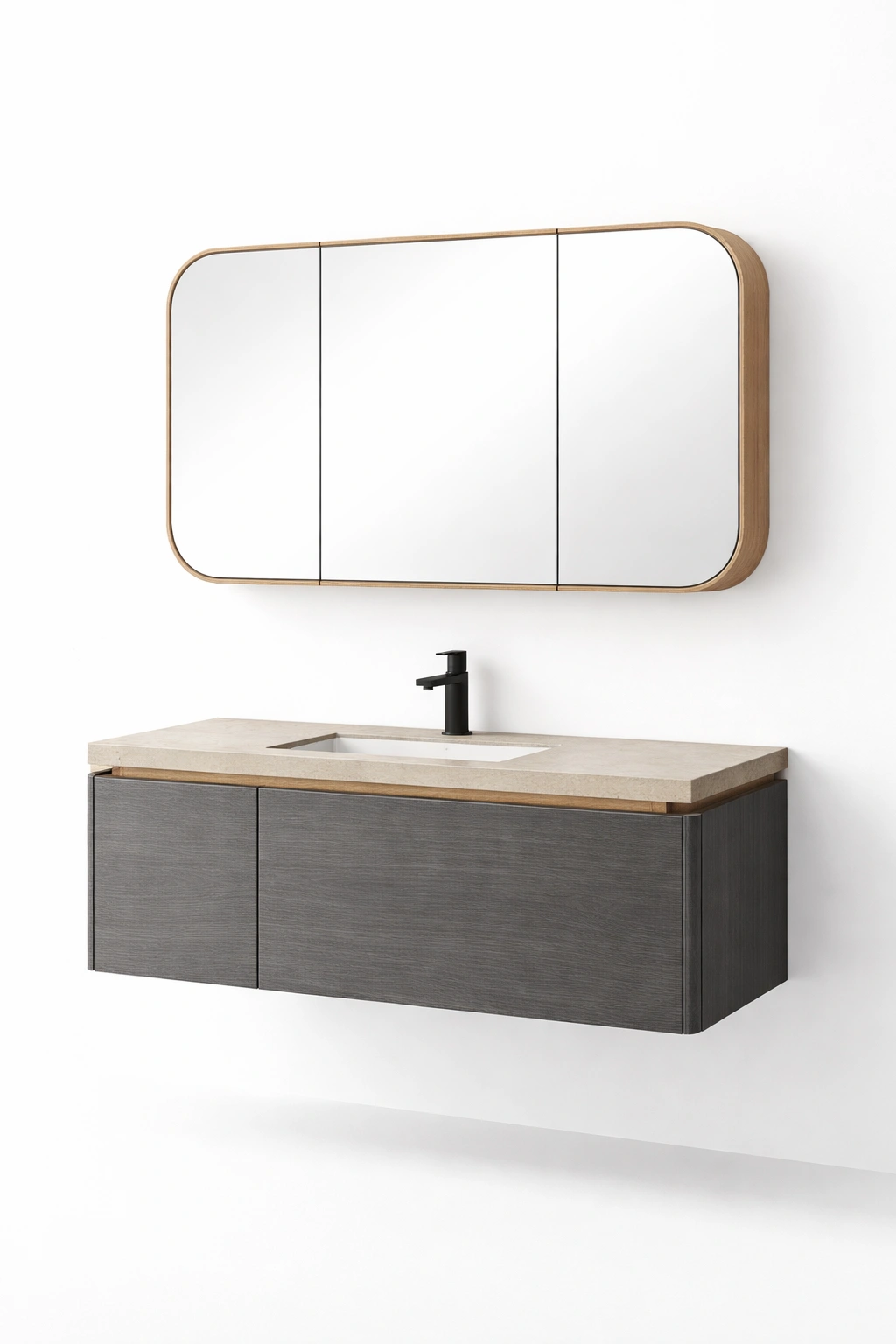 Meuble salle de bain suspendu bois et pierre avec miroir-kevlora