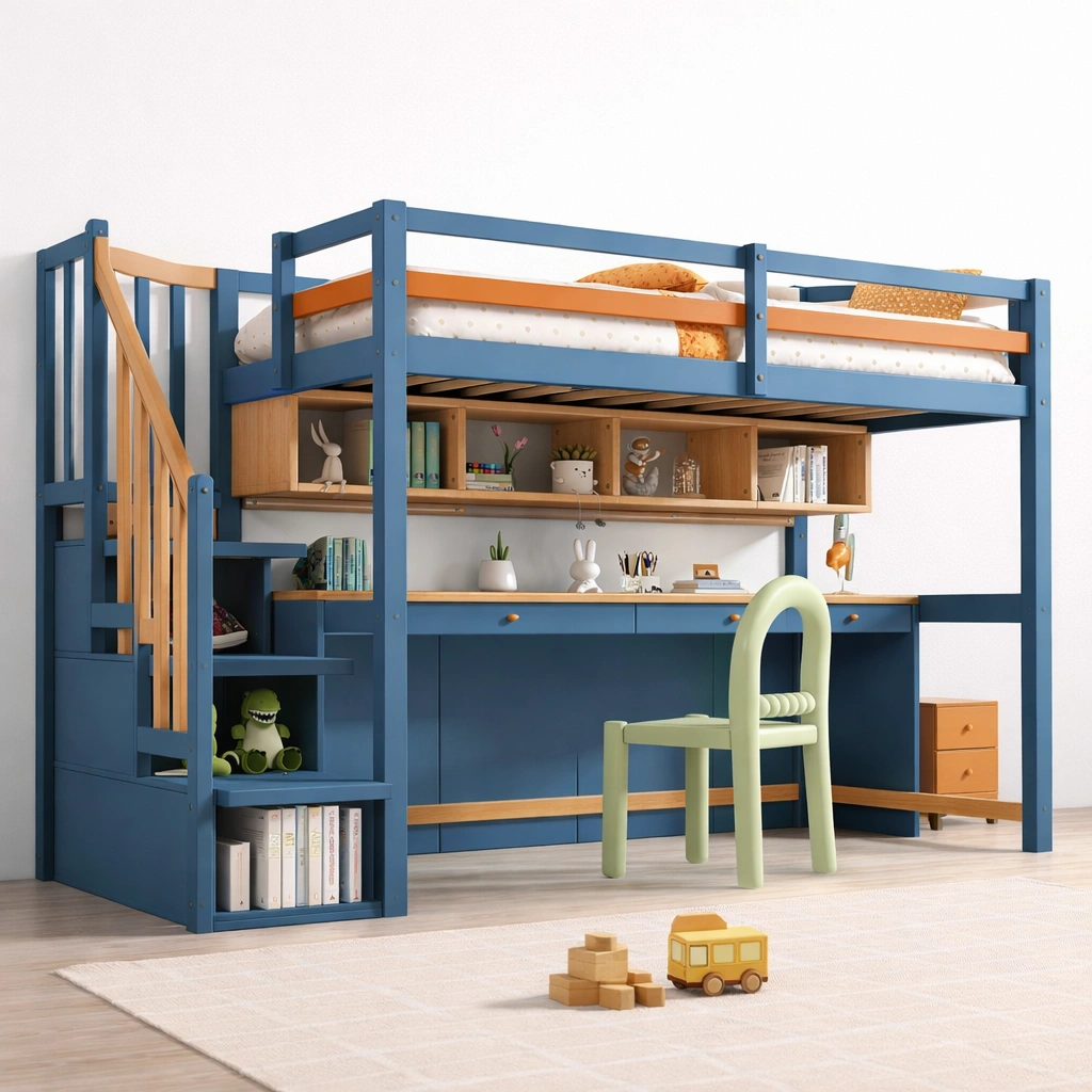 Lit mezzanine enfant avec bureau integre et rangement-kevlora