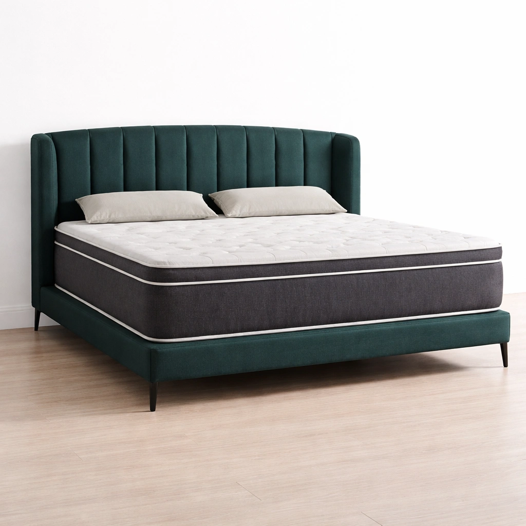 Lit double capitonne vert avec structure moderne elegante-kevlora