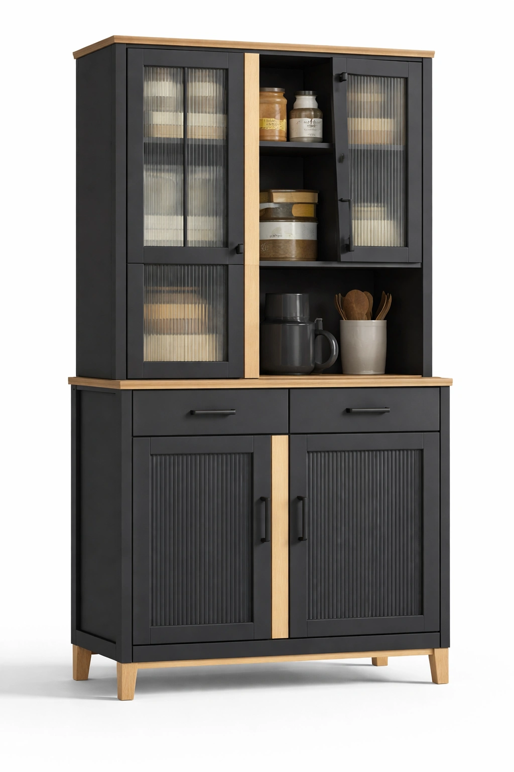 Armoire cuisine bois et noir avec rangement et portes vitrees-kevlora