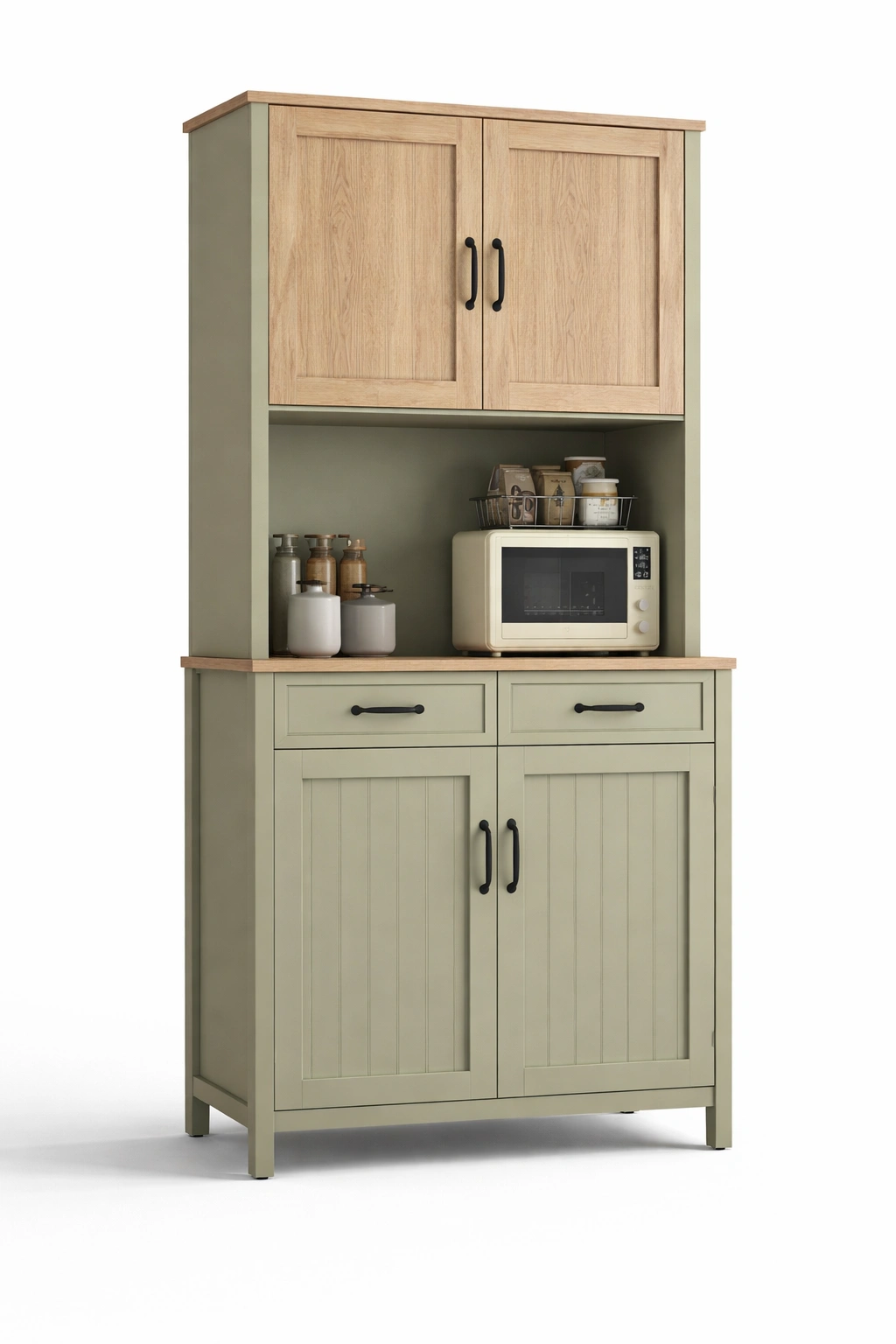 Buffet cuisine vert et bois avec rangement et etageres-kevlora