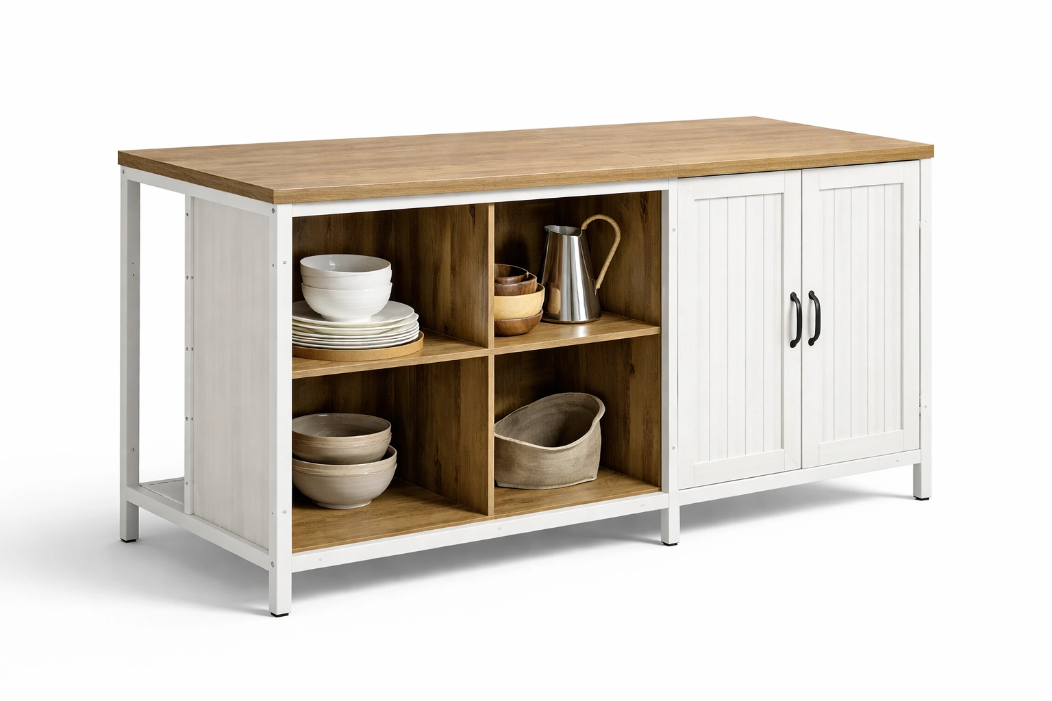 Buffet long bois et blanc avec etageres ouvertes et portes-kevlora