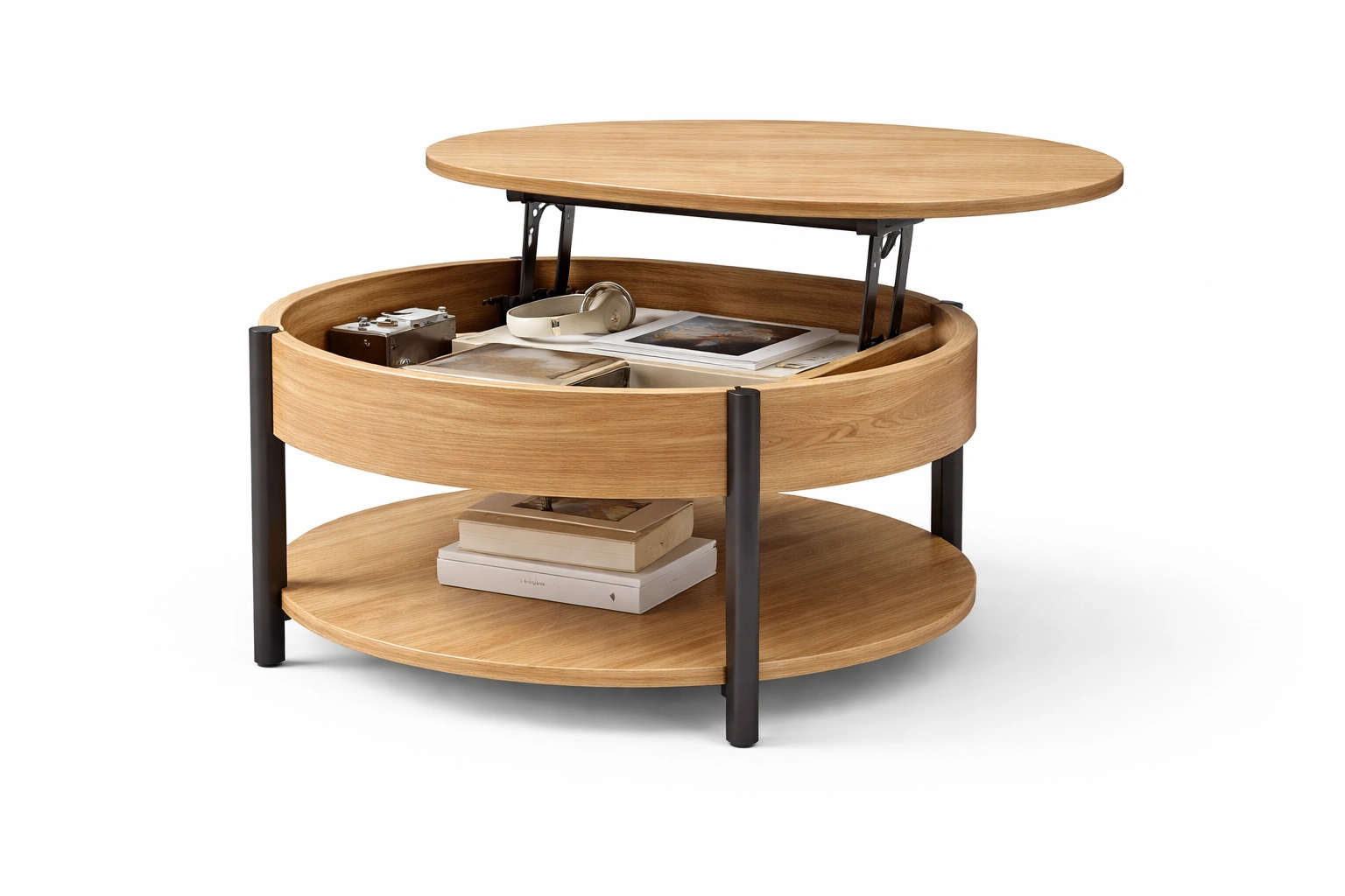 Table basse ronde relevable bois avec rangement integre-kevlora