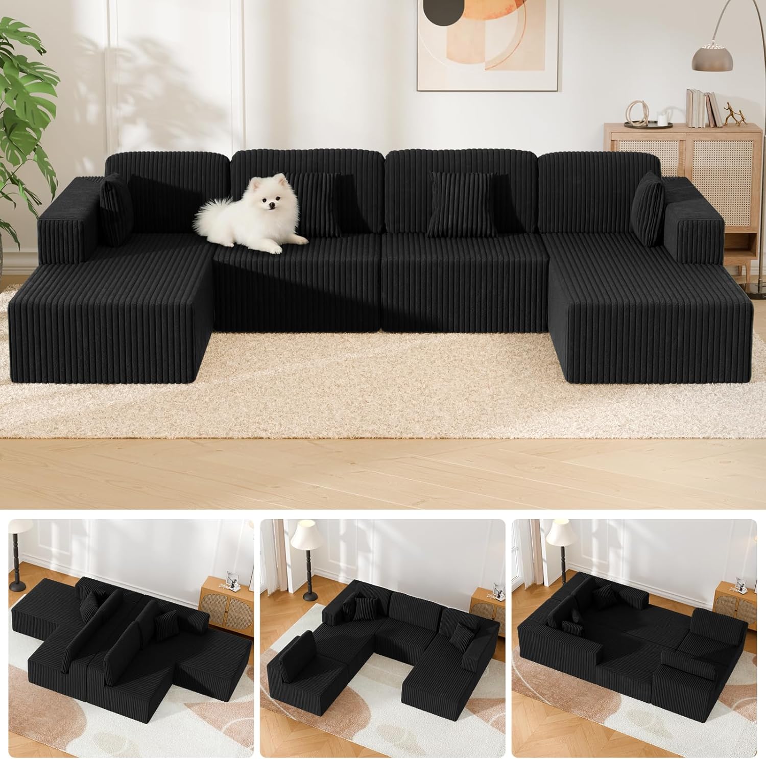 132'' U-shape Boneless Memory Foam Sectional Sofa, Compressed Corduroy Sectional Couches, Oversized U Shape Comfy Modular Compression Cloud Sleeper Sofa with Deep Seat, Space-Saving Recliner Design
