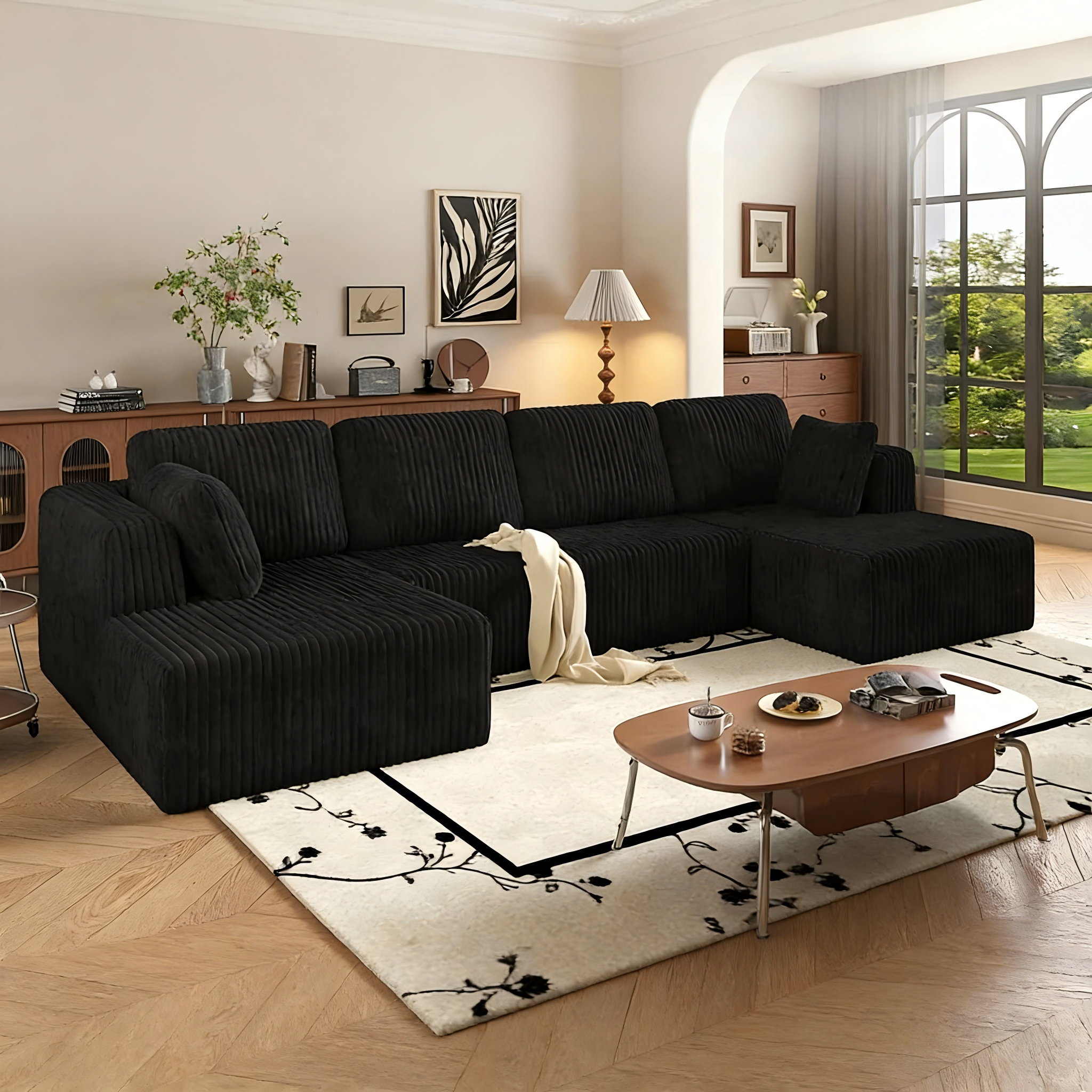 132'' U-shape Boneless Memory Foam Sectional Sofa, Compressed Corduroy Sectional Couches, Oversized U Shape Comfy Modular Compression Cloud Sleeper Sofa with Deep Seat, Space-Saving Recliner Design