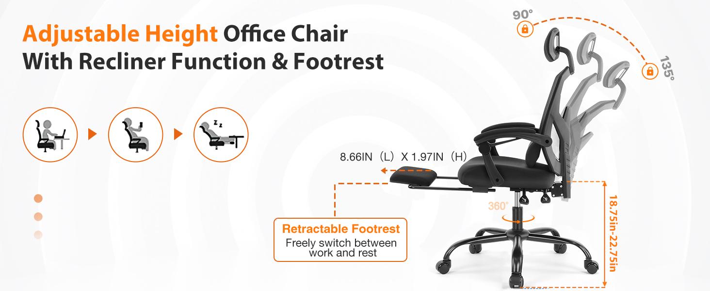 Sweet Furniture Ergonomic Office Chair with Foot Rest and Adjustable Headrest, Mesh Swivel Rolling Task Chair, Height Adjustable, Office Gifts