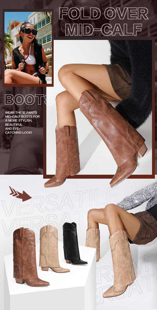 RONILURN Women's Fold-Over Mid-Calf Chunky Heel Snip-Toe Cowboy Cowgirl Pull-On Studded Boots Beige Casual Footwear Stylish RONILURN Women's Fold-Over Mid-Calf Chunky Heel Snip-Toe Cowboy Cowgirl Pull-On Studded Boots Beige Casual Footwear Stylish