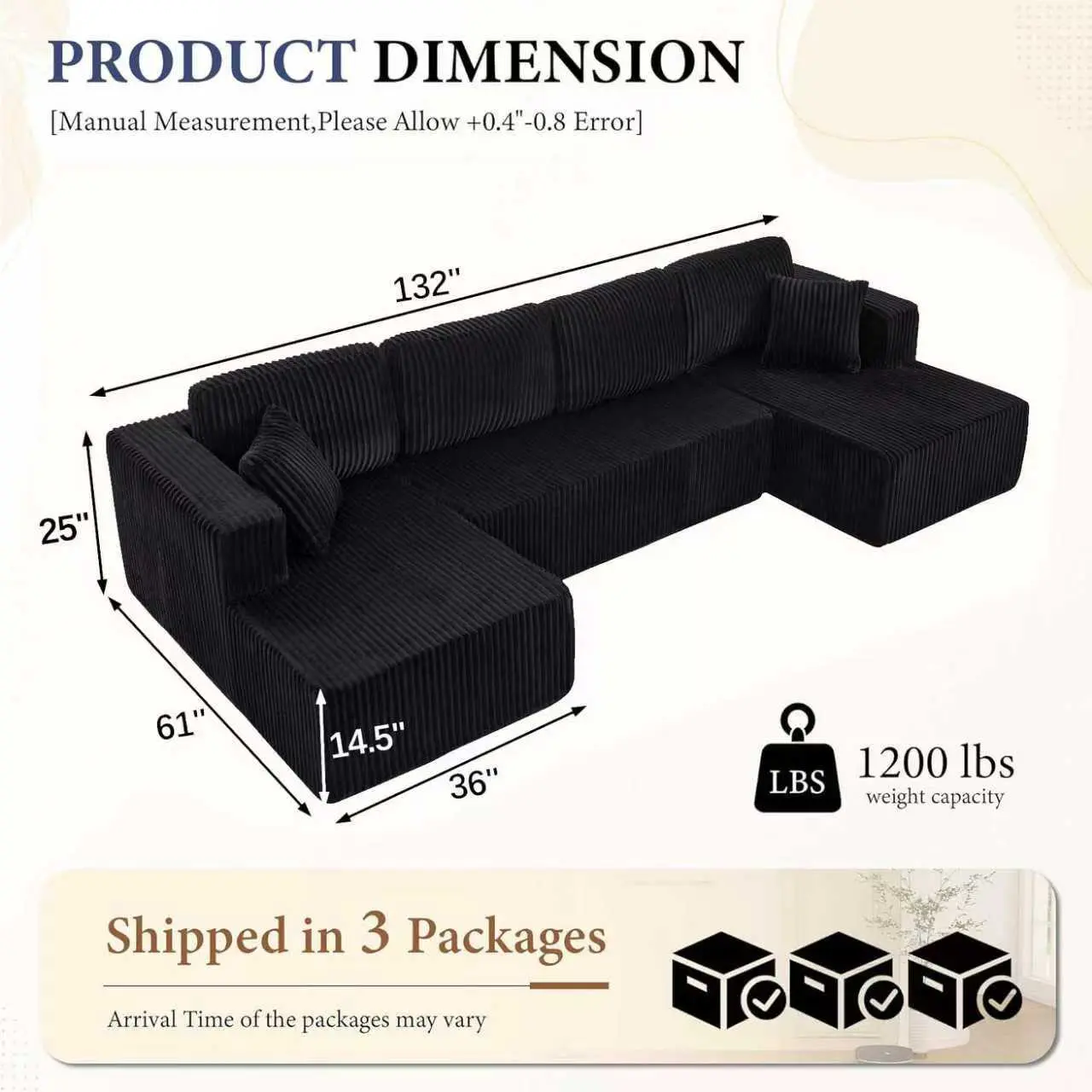 132'' U-shape Boneless Memory Foam Sectional Sofa, Compressed Corduroy Sectional Couches, Oversized U Shape Comfy Modular Compression Cloud Sleeper Sofa with Deep Seat, Space-Saving Recliner Design