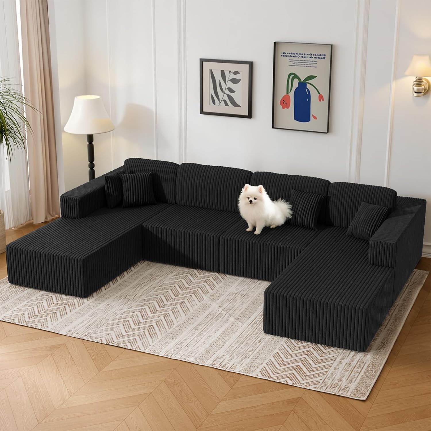 132'' U-shape Boneless Memory Foam Sectional Sofa, Compressed Corduroy Sectional Couches, Oversized U Shape Comfy Modular Compression Cloud Sleeper Sofa with Deep Seat, Space-Saving Recliner Design