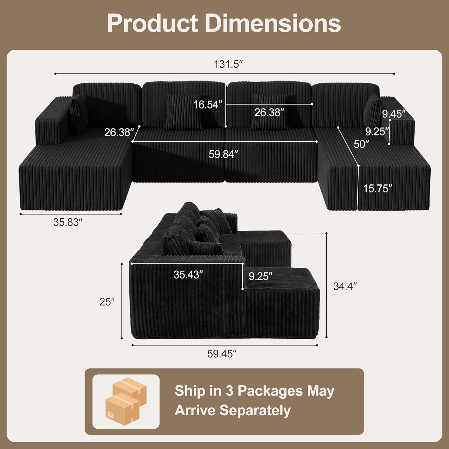 132'' U-shape Boneless Memory Foam Sectional Sofa, Compressed Corduroy Sectional Couches, Oversized U Shape Comfy Modular Compression Cloud Sleeper Sofa with Deep Seat, Space-Saving Recliner Design
