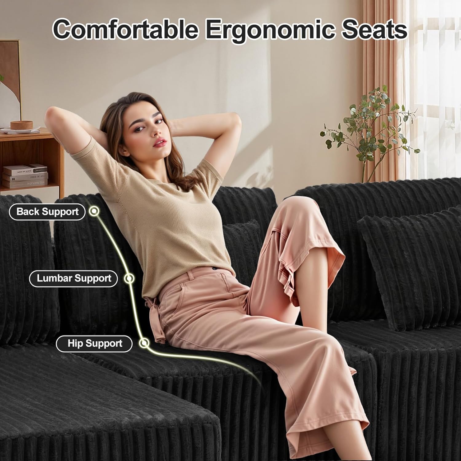 132'' U-shape Boneless Memory Foam Sectional Sofa, Compressed Corduroy Sectional Couches, Oversized U Shape Comfy Modular Compression Cloud Sleeper Sofa with Deep Seat, Space-Saving Recliner Design