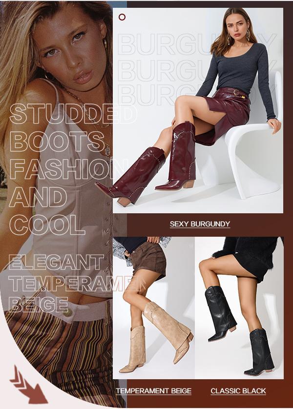 RONILURN Women's Fold-Over Mid-Calf Chunky Heel Snip-Toe Cowboy Cowgirl Pull-On Studded Boots Beige Casual Footwear Stylish RONILURN Women's Fold-Over Mid-Calf Chunky Heel Snip-Toe Cowboy Cowgirl Pull-On Studded Boots Beige Casual Footwear Stylish