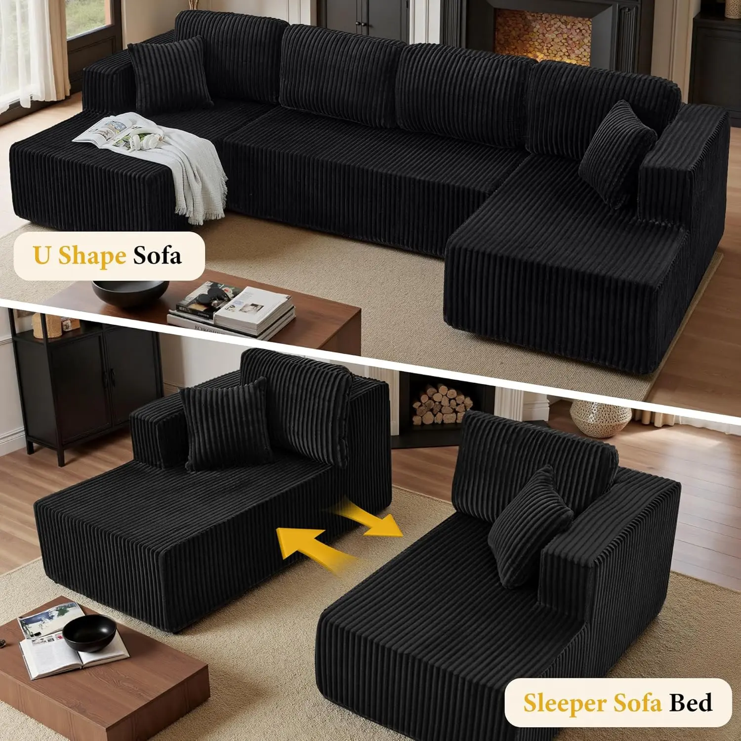 132'' U-shape Boneless Memory Foam Sectional Sofa, Compressed Corduroy Sectional Couches, Oversized U Shape Comfy Modular Compression Cloud Sleeper Sofa with Deep Seat, Space-Saving Recliner Design