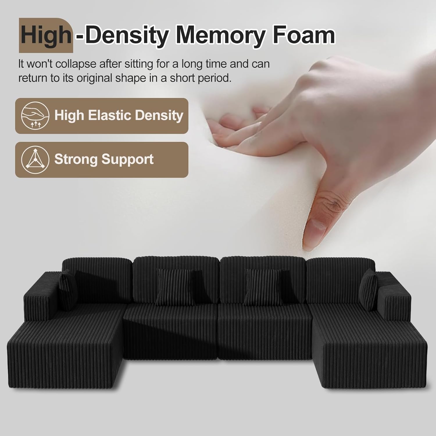 132'' U-shape Boneless Memory Foam Sectional Sofa, Compressed Corduroy Sectional Couches, Oversized U Shape Comfy Modular Compression Cloud Sleeper Sofa with Deep Seat, Space-Saving Recliner Design