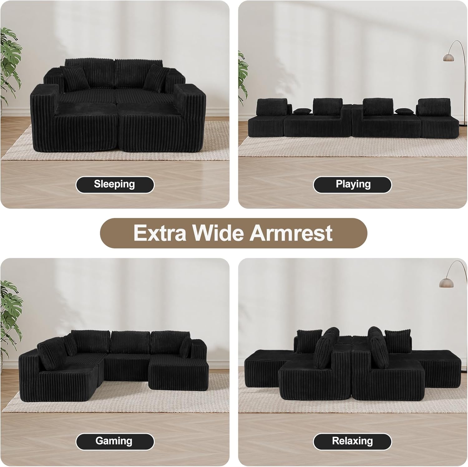 132'' U-shape Boneless Memory Foam Sectional Sofa, Compressed Corduroy Sectional Couches, Oversized U Shape Comfy Modular Compression Cloud Sleeper Sofa with Deep Seat, Space-Saving Recliner Design