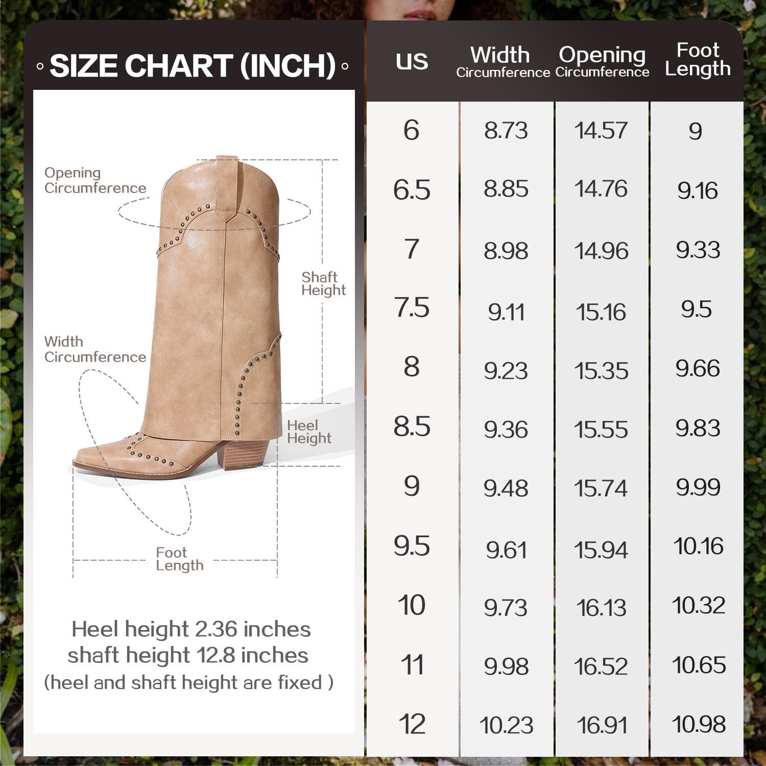 RONILURN Women's Fold-Over Mid-Calf Chunky Heel Snip-Toe Cowboy Cowgirl Pull-On Studded Boots Beige Casual Footwear Stylish RONILURN Women's Fold-Over Mid-Calf Chunky Heel Snip-Toe Cowboy Cowgirl Pull-On Studded Boots Beige Casual Footwear Stylish