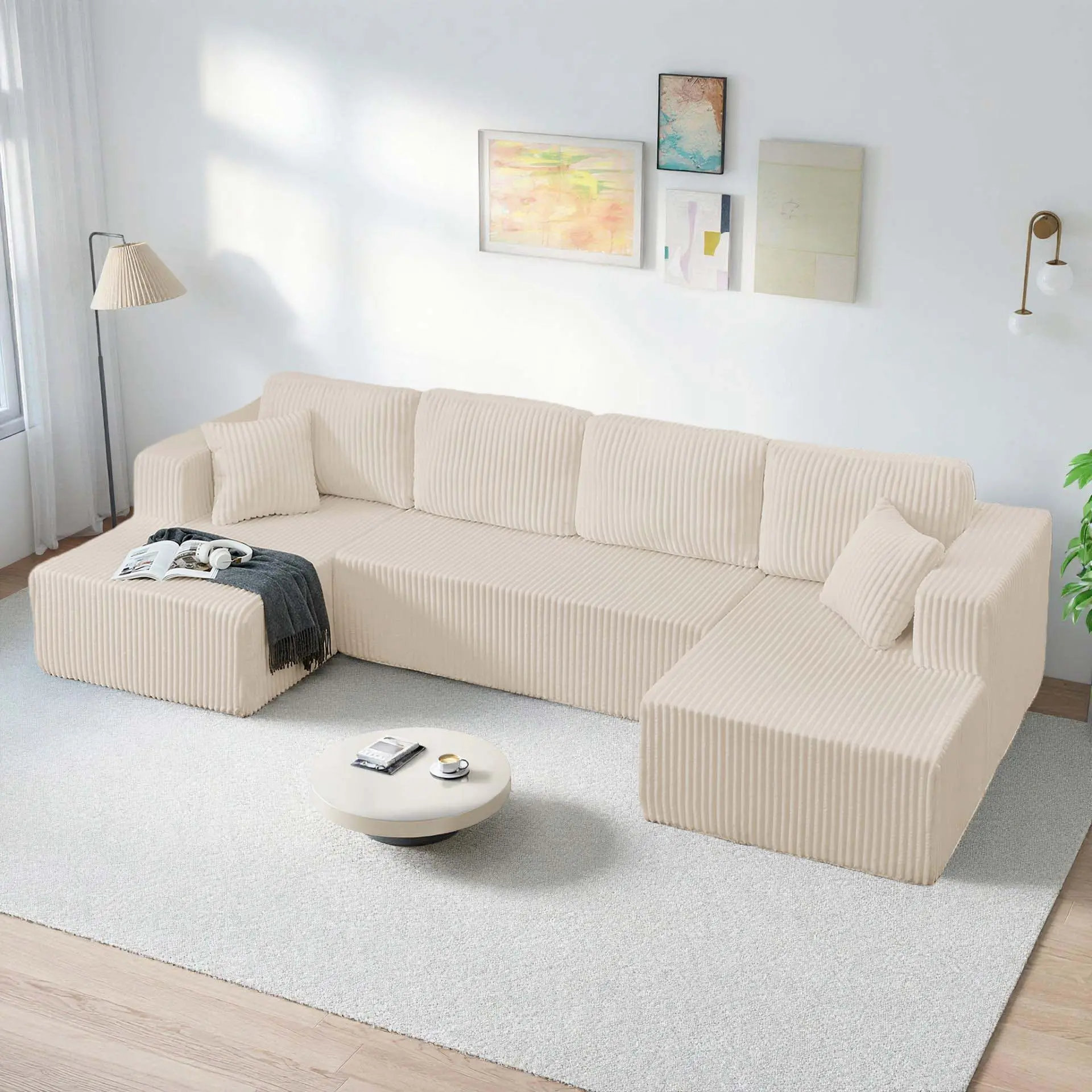 132'' U-shape Boneless Memory Foam Sectional Sofa, Compressed Corduroy Sectional Couches, Oversized U Shape Comfy Modular Compression Cloud Sleeper Sofa with Deep Seat, Space-Saving Recliner Design