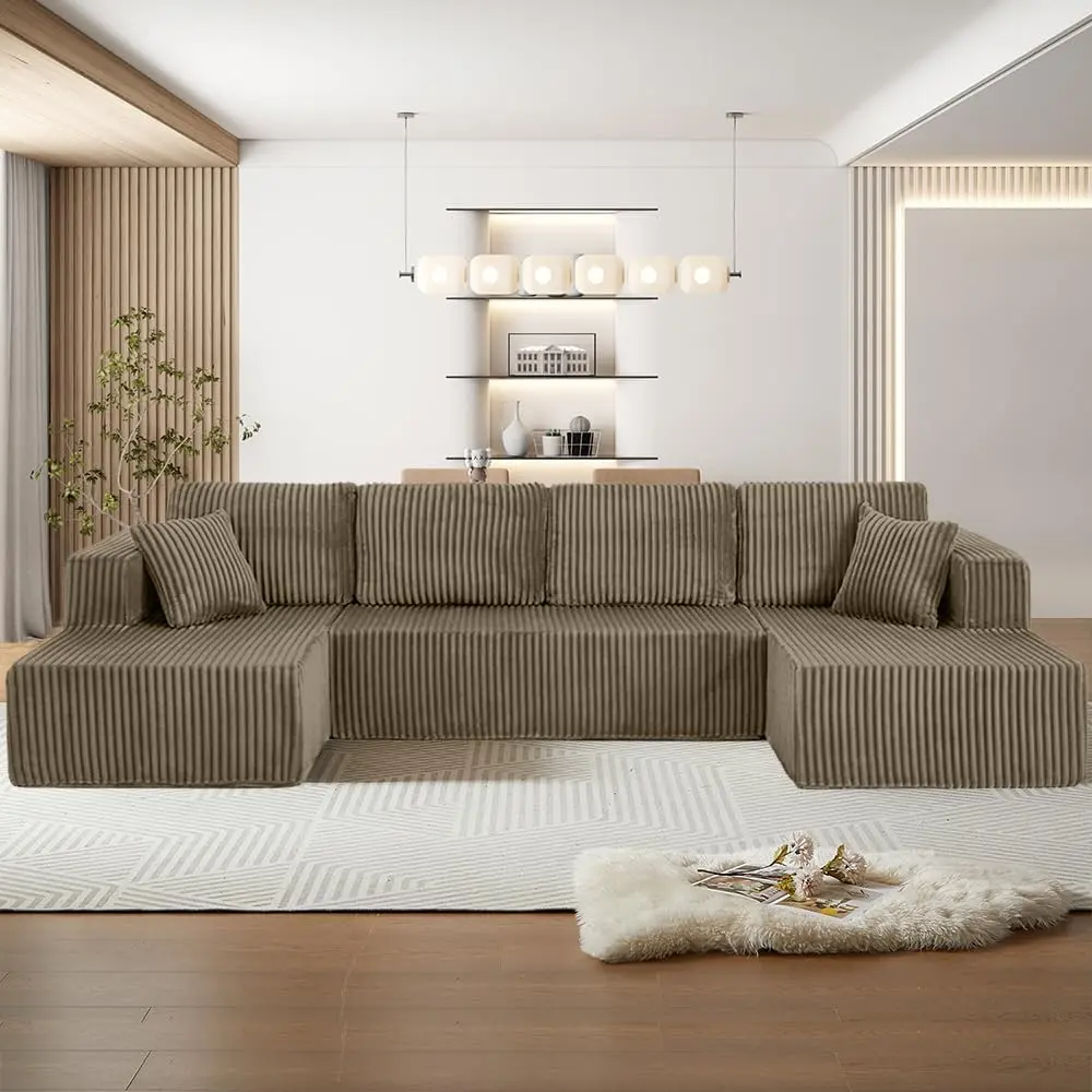 132'' U-shape Boneless Memory Foam Sectional Sofa, Compressed Corduroy Sectional Couches, Oversized U Shape Comfy Modular Compression Cloud Sleeper Sofa with Deep Seat, Space-Saving Recliner Design