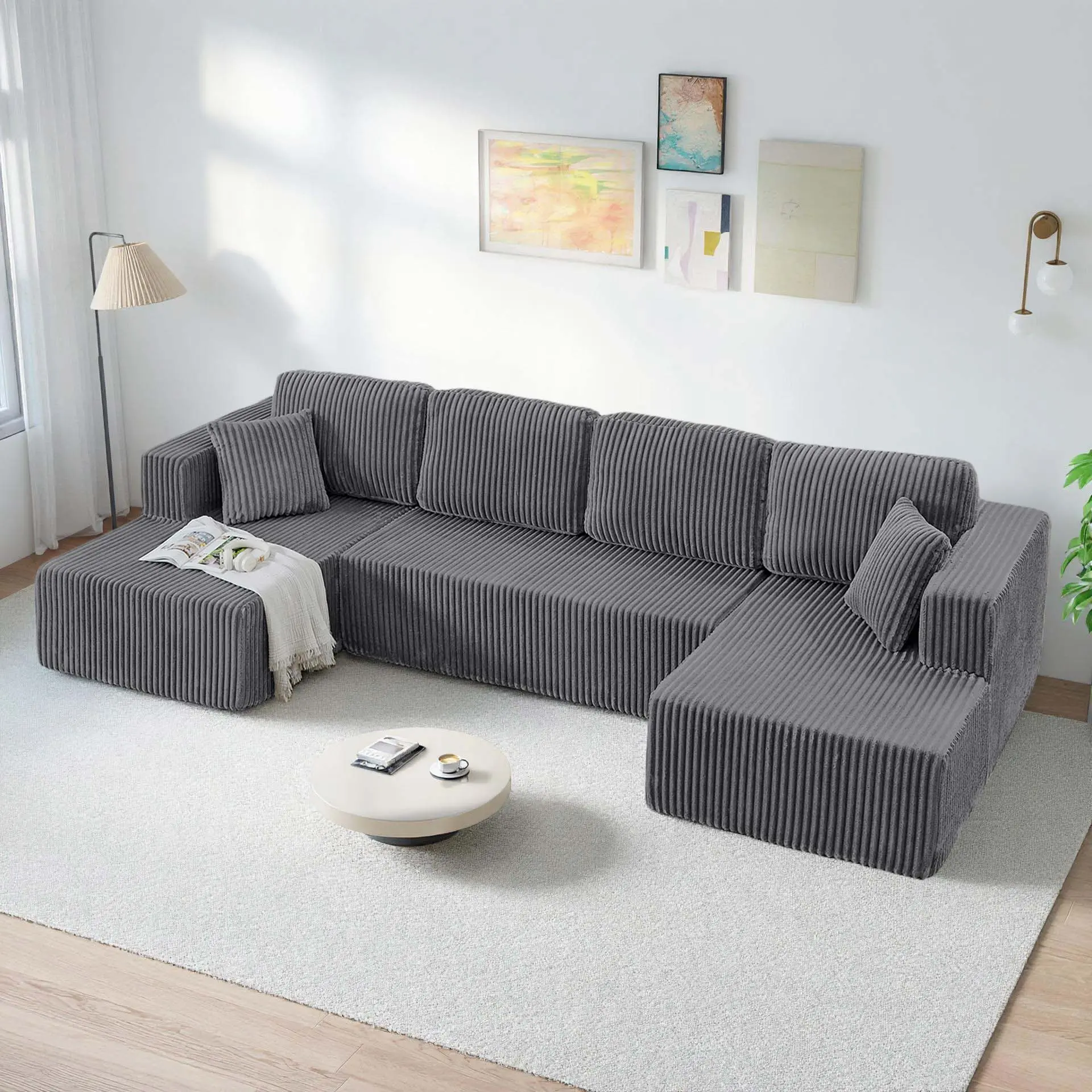 132'' U-shape Boneless Memory Foam Sectional Sofa, Compressed Corduroy Sectional Couches, Oversized U Shape Comfy Modular Compression Cloud Sleeper Sofa with Deep Seat, Space-Saving Recliner Design