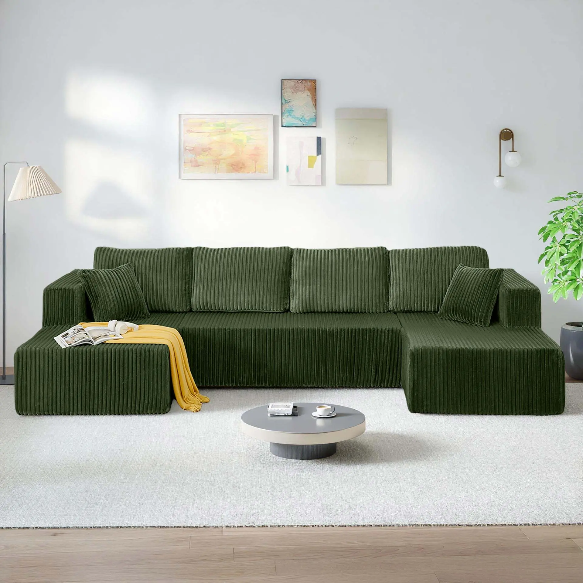 132'' U-shape Boneless Memory Foam Sectional Sofa, Compressed Corduroy Sectional Couches, Oversized U Shape Comfy Modular Compression Cloud Sleeper Sofa with Deep Seat, Space-Saving Recliner Design