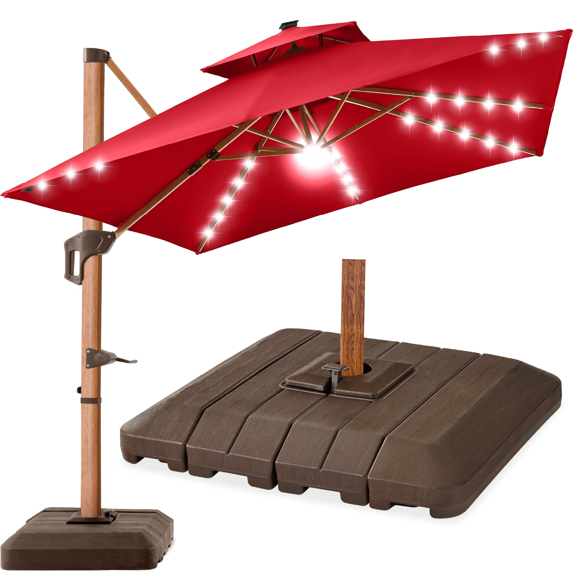 Woodgrain Pattern 2-Tier Outdoor Solar LED Cantilever Umbrella - 10x10ft