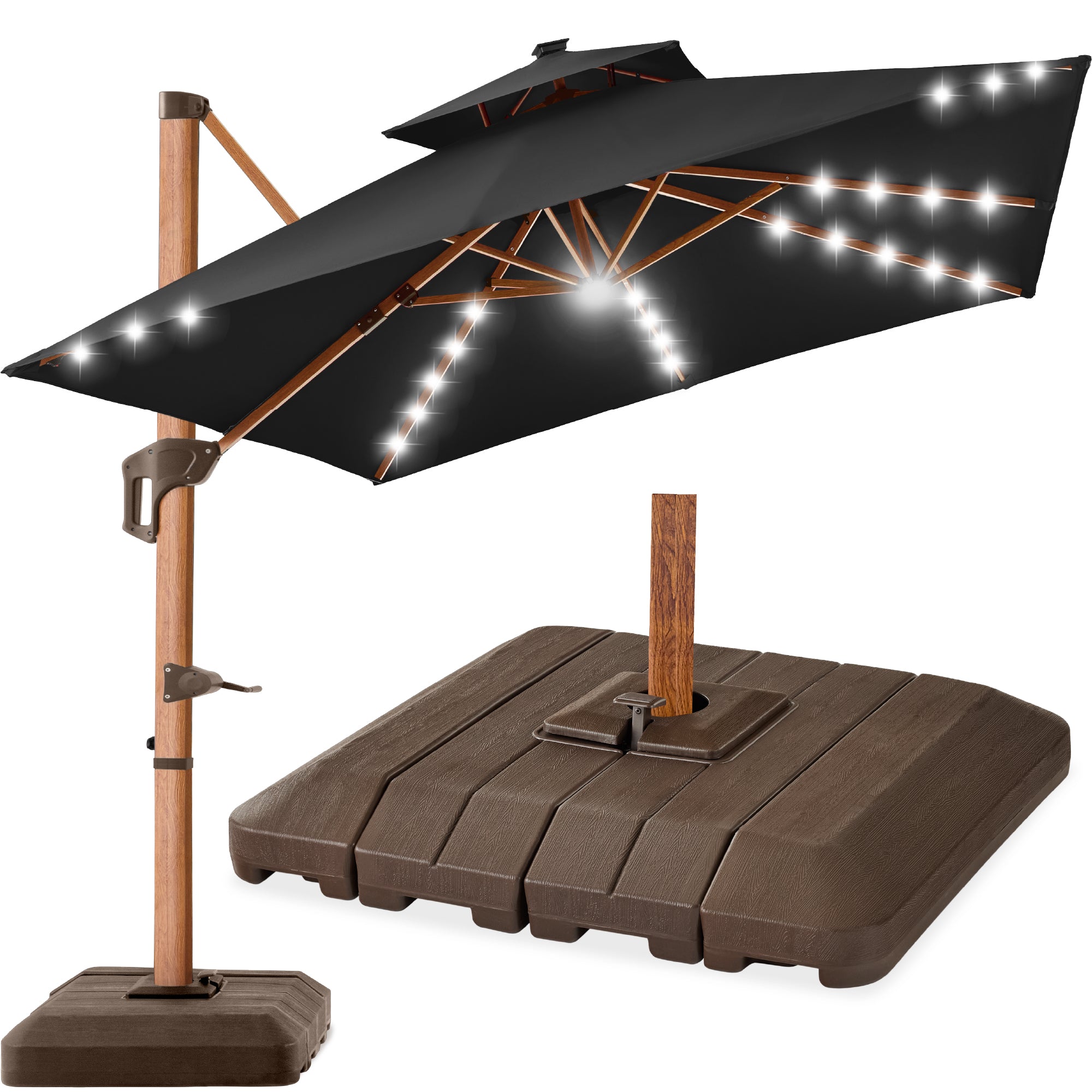 Woodgrain Pattern 2-Tier Outdoor Solar LED Cantilever Umbrella - 10x10ft