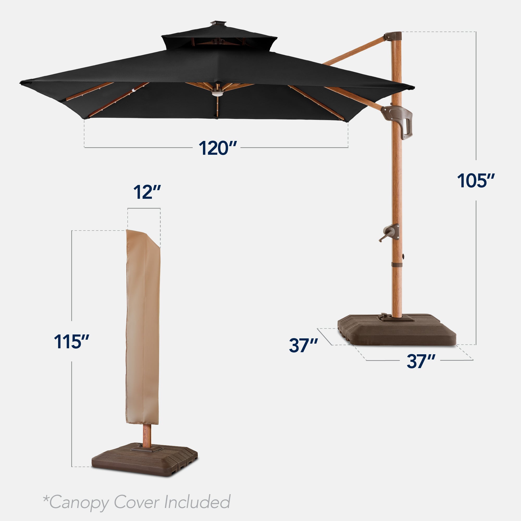 Woodgrain Pattern 2-Tier Outdoor Solar LED Cantilever Umbrella - 10x10ft